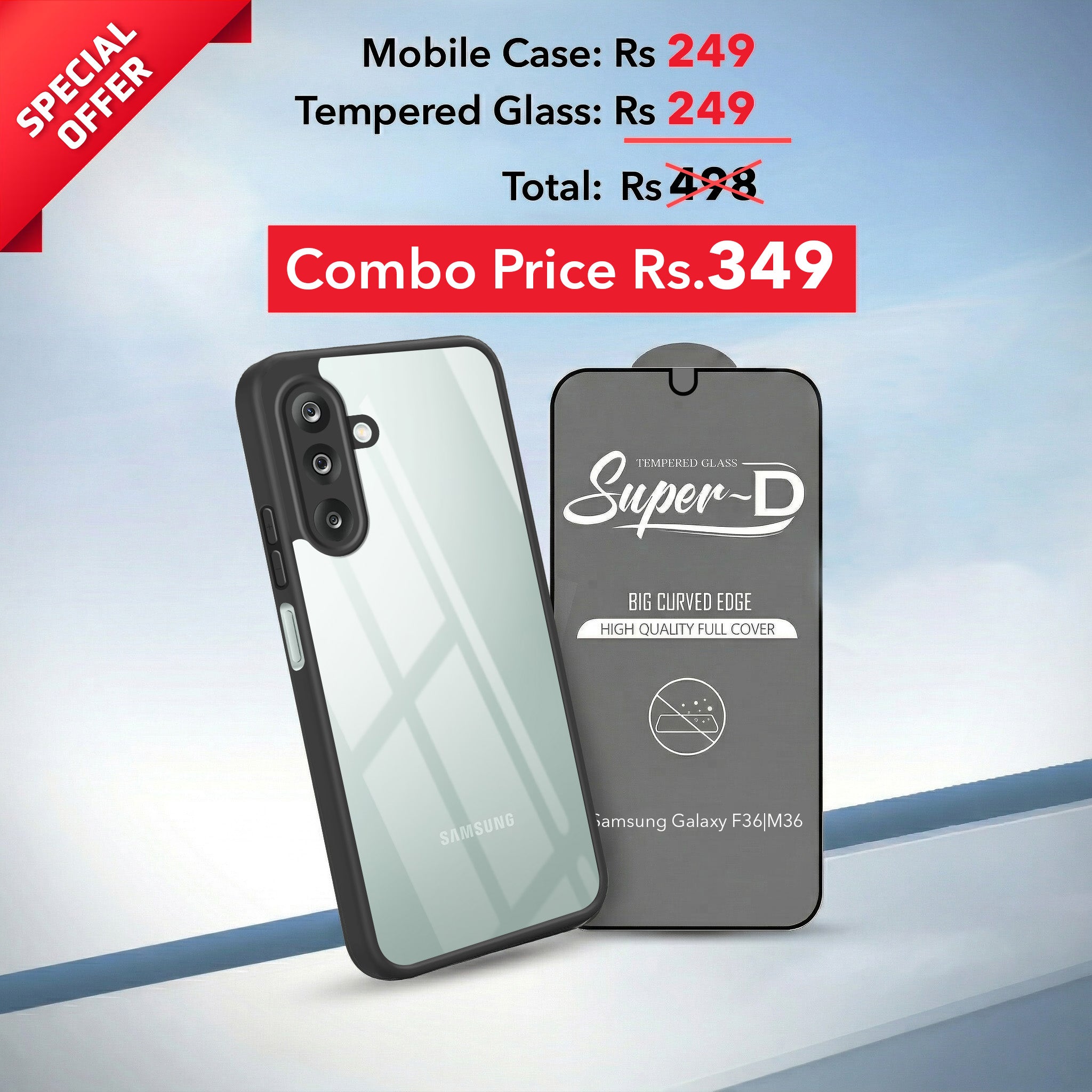 For Samsung Galaxy M36 | Samsung Galaxy F36 Combo with Back Cover and 9H Tempered Glass (Lifetime Anti-Yellow | Crystal Clear Shockproof | Oleophobic Coating Screen Glass)