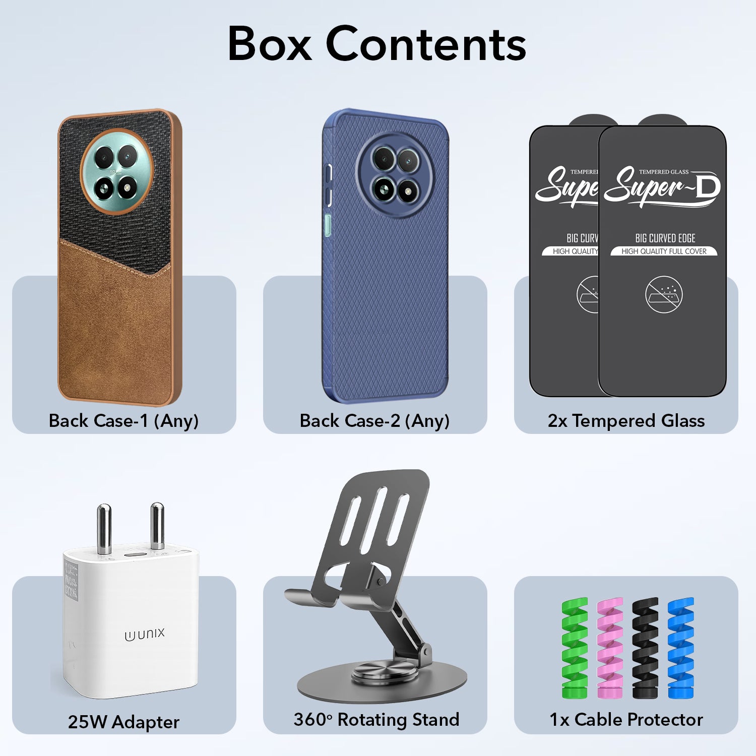 Complete Mobile Care Kit (Get Any 2 Cases+2 Tempered Glass+25W Charger Adapter+Metallic Mobile Stand+Cable Protector)