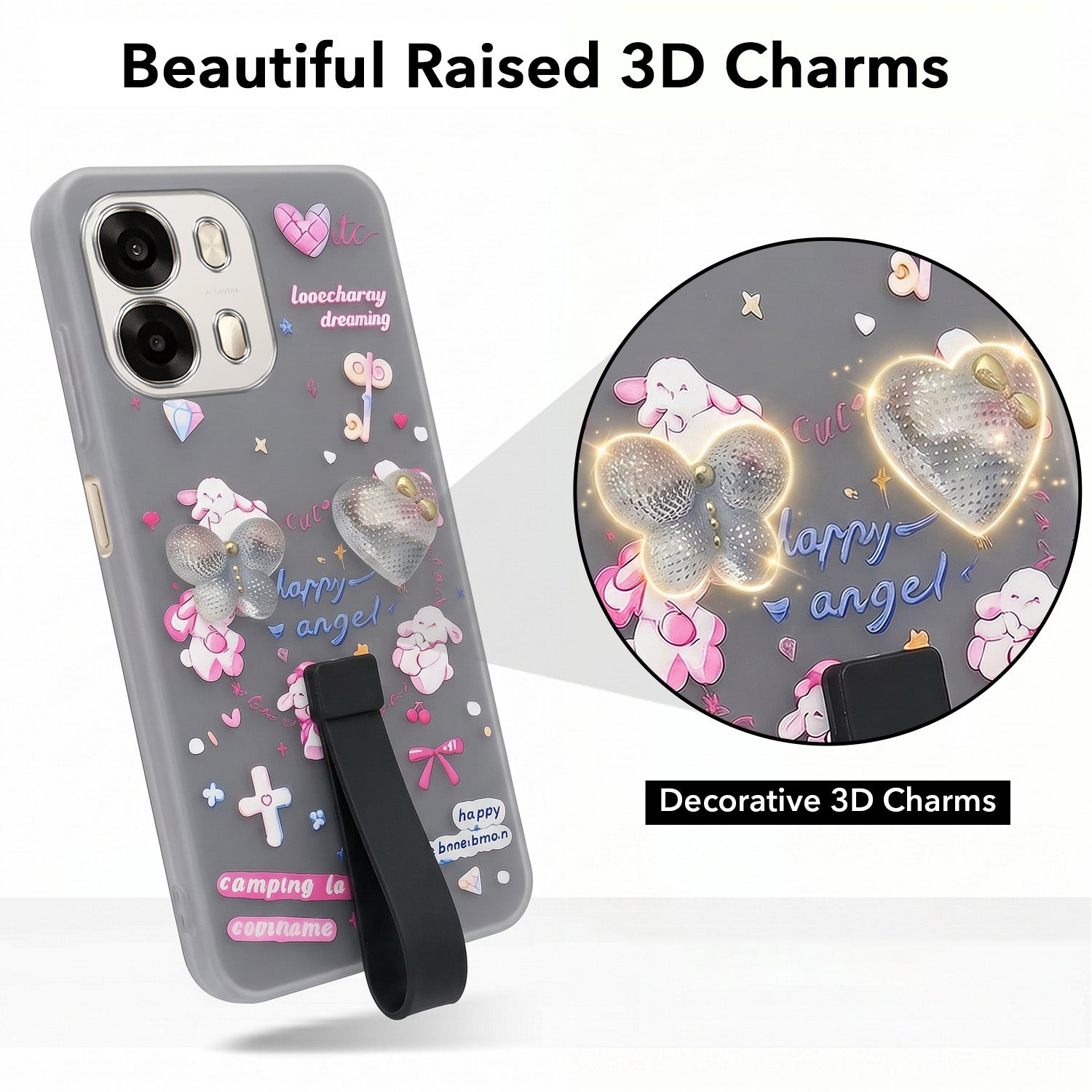 For Oppo A6 Pro Back Cover Case (3D Cute Heart Strap Holder | Camera Protection | Designer Girls Print)