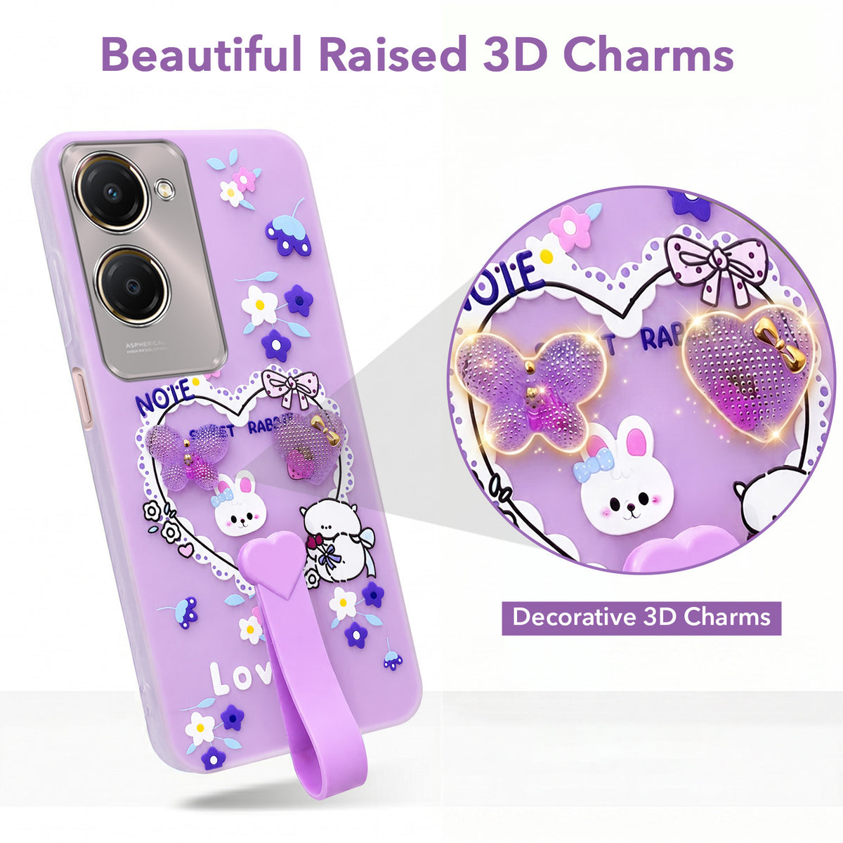 For Vivo Y28s 5G | Vivo T3 Lite 5G Back Cover Case (3D Cute Heart Strap Holder | Camera Protection | Designer Girls Print)