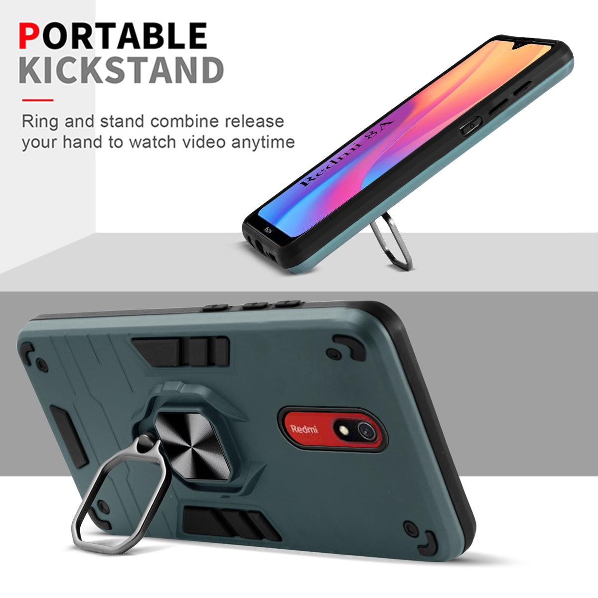 For Xiaomi Mi Redmi 8A Back Cover Case Hybrid Armor (Shockproof Dual Layer Polycarbonate |Ring Holder Kickstand)