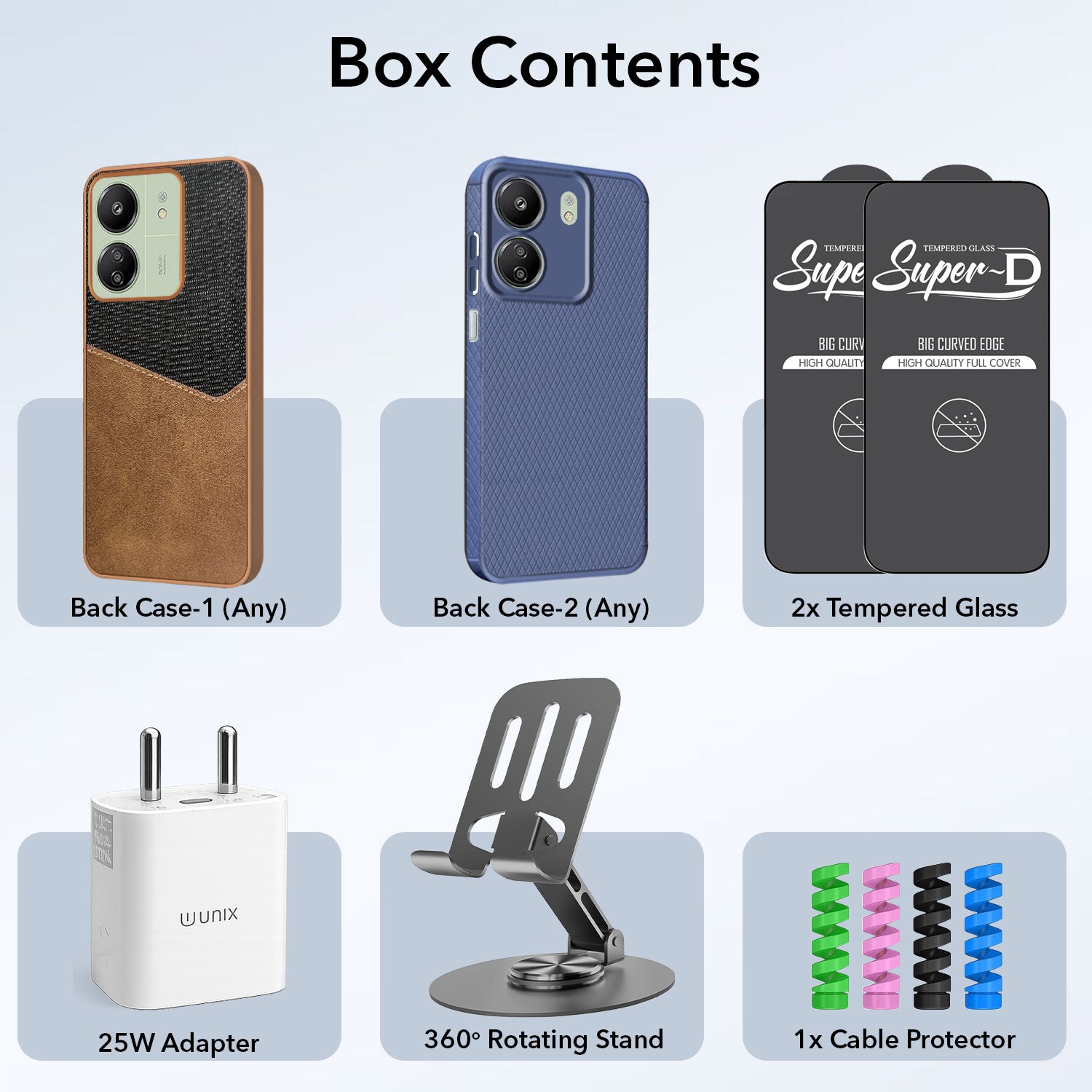 Complete Mobile Care Kit (Get Any 2 Cases+2 Tempered Glass+25W Charger Adapter+Metallic Mobile Stand+Cable Protector)