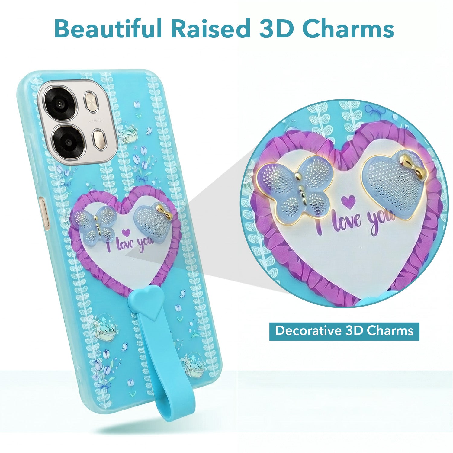 For Oppo A6 Pro Back Cover Case (3D Cute Heart Strap Holder | Camera Protection | Designer Girls Print)