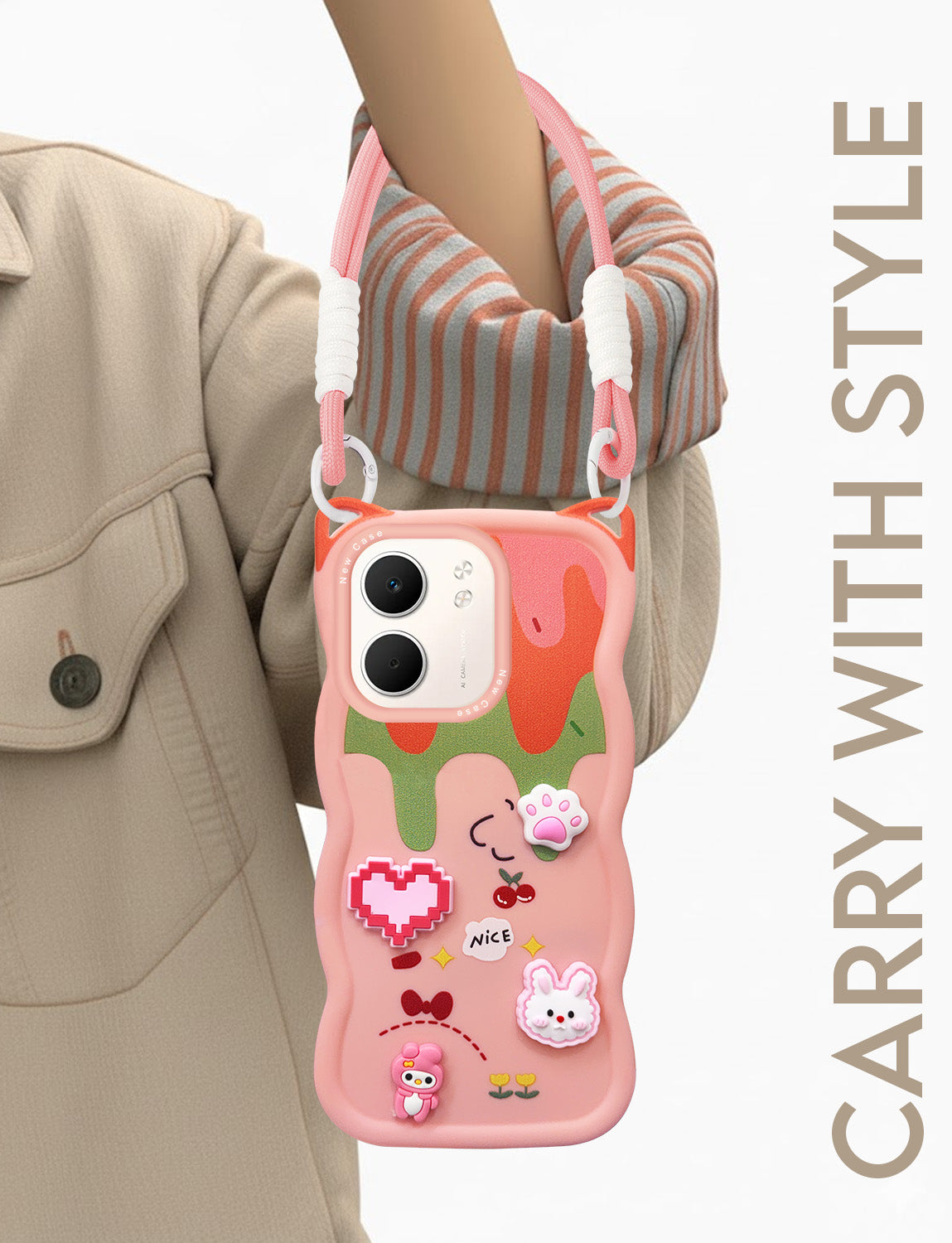 For Oppo A5X Back Case Cover Strap (3D embossed Figures | Strap Holder | 360* Soft Cushion with Camera Bump)