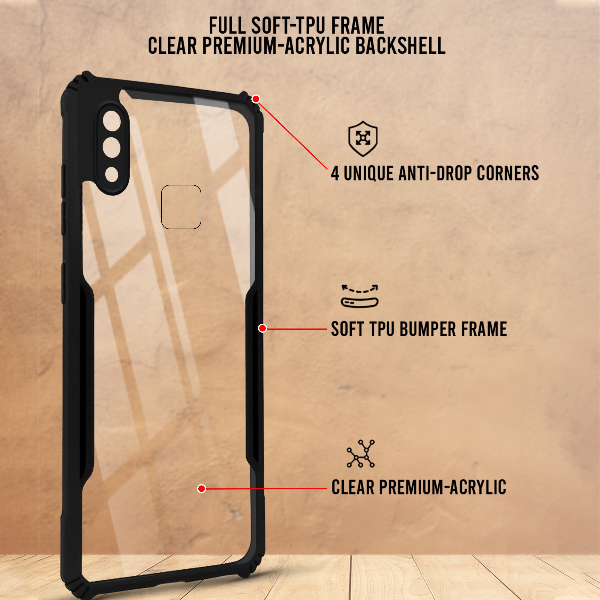 For Vivo Y91 | Vivo Y93 | Vivo Y95 Hybrid Back Cover Case (Shockproof with Polycarbonate Clear Panel | Professional Black)
