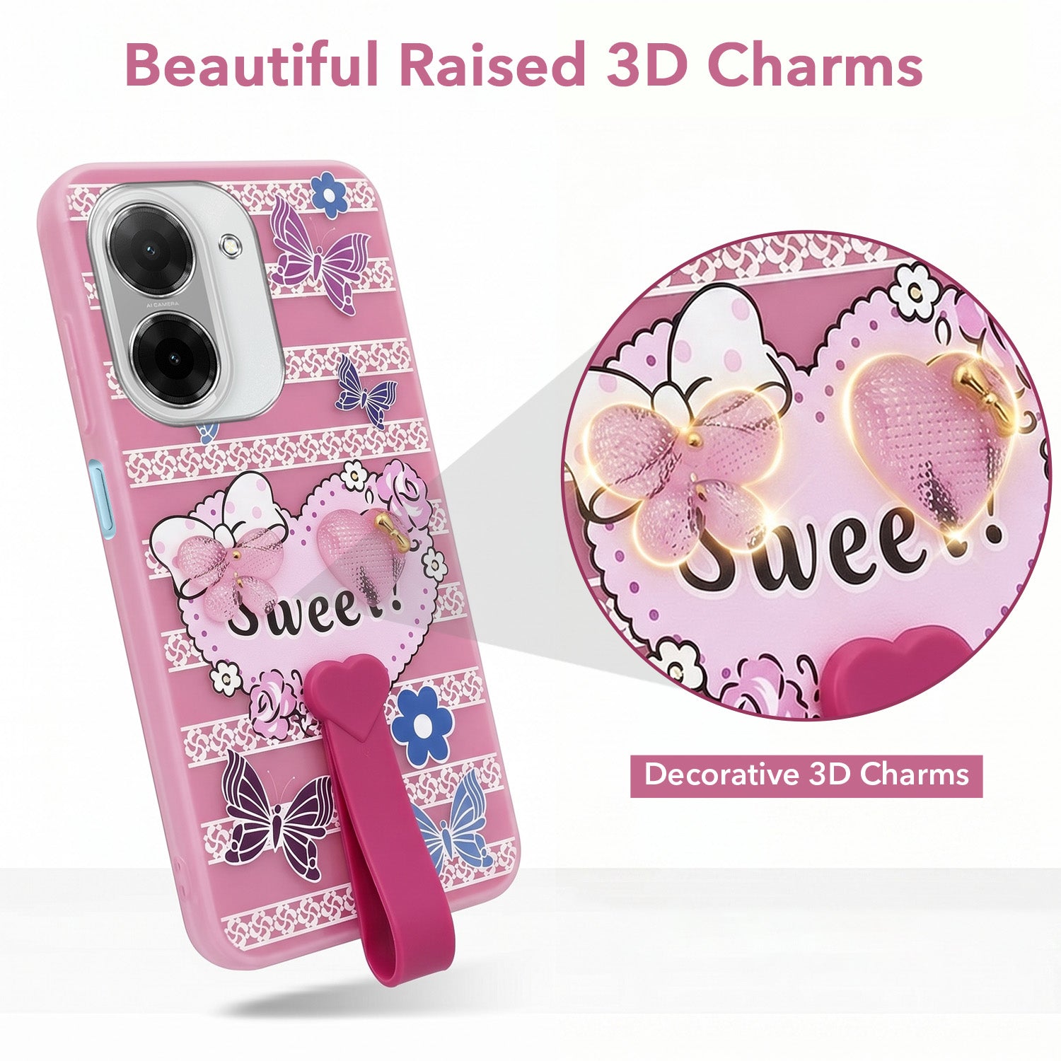 For Poco C71 Back Cover Case (3D Cute Heart Strap Holder | Camera Protection | Designer Girls Print)