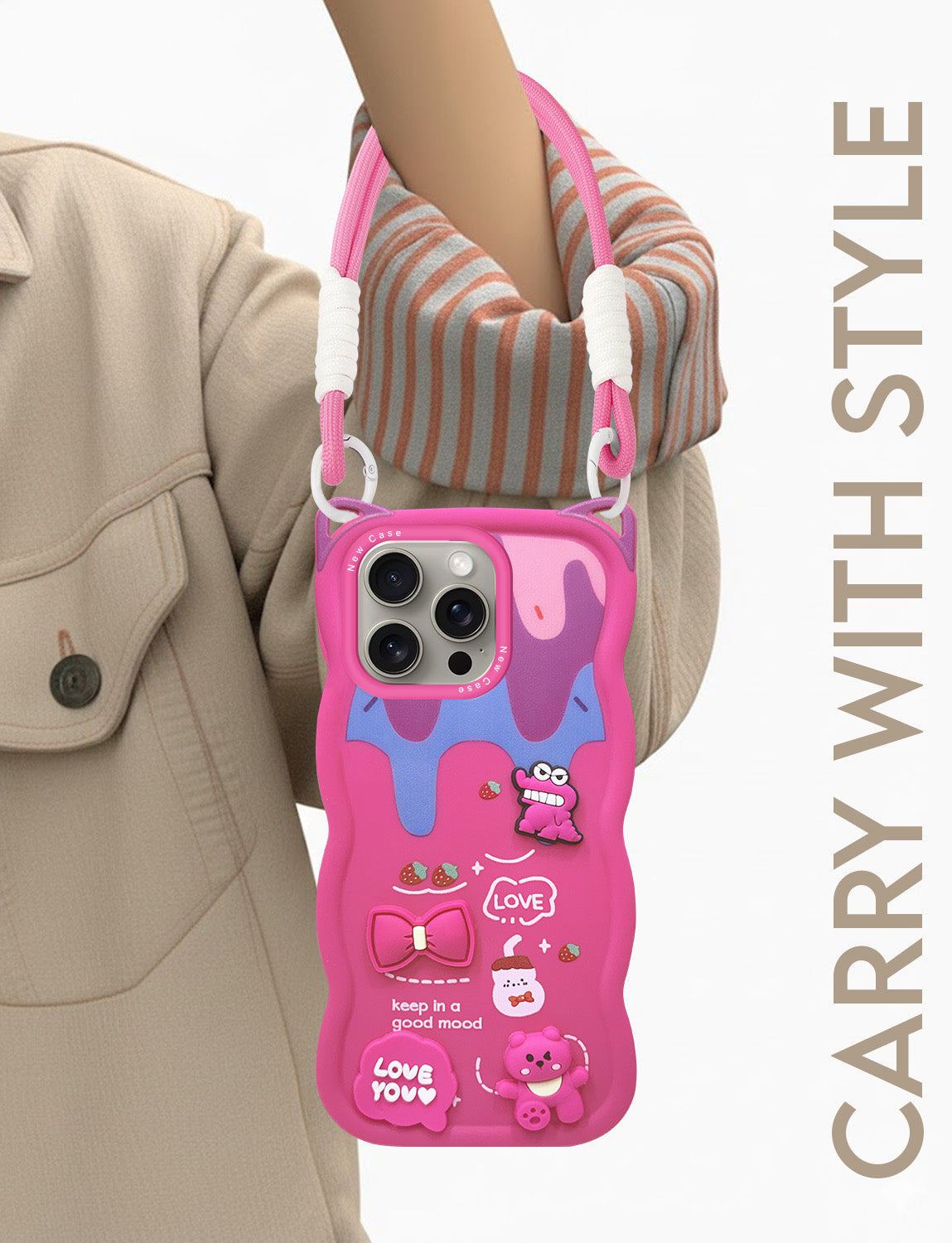 For Apple iPhone 15 Pro Max Back Case Cover Strap(3D Embossed Figures | Strap Holder | 360* Soft Cushion with Camera Bump)