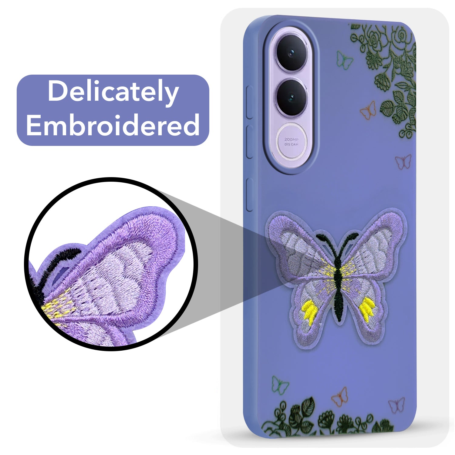 For Vivo V70 FE 5G Back Cover Case (Soft Butterfly Embroidery | Women Teen Girls | Camera Protection| Matte Silicone)