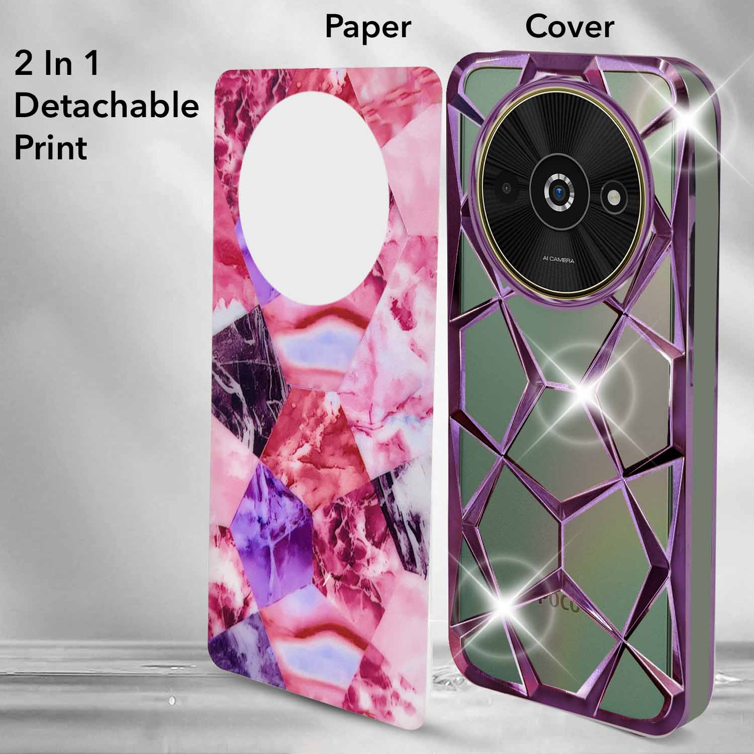 For Xiaomi Poco C61 Back Cover Case ( Dual Design Glitter Sparkle and Detachable Diamond Print Case | Soft and Flexible)