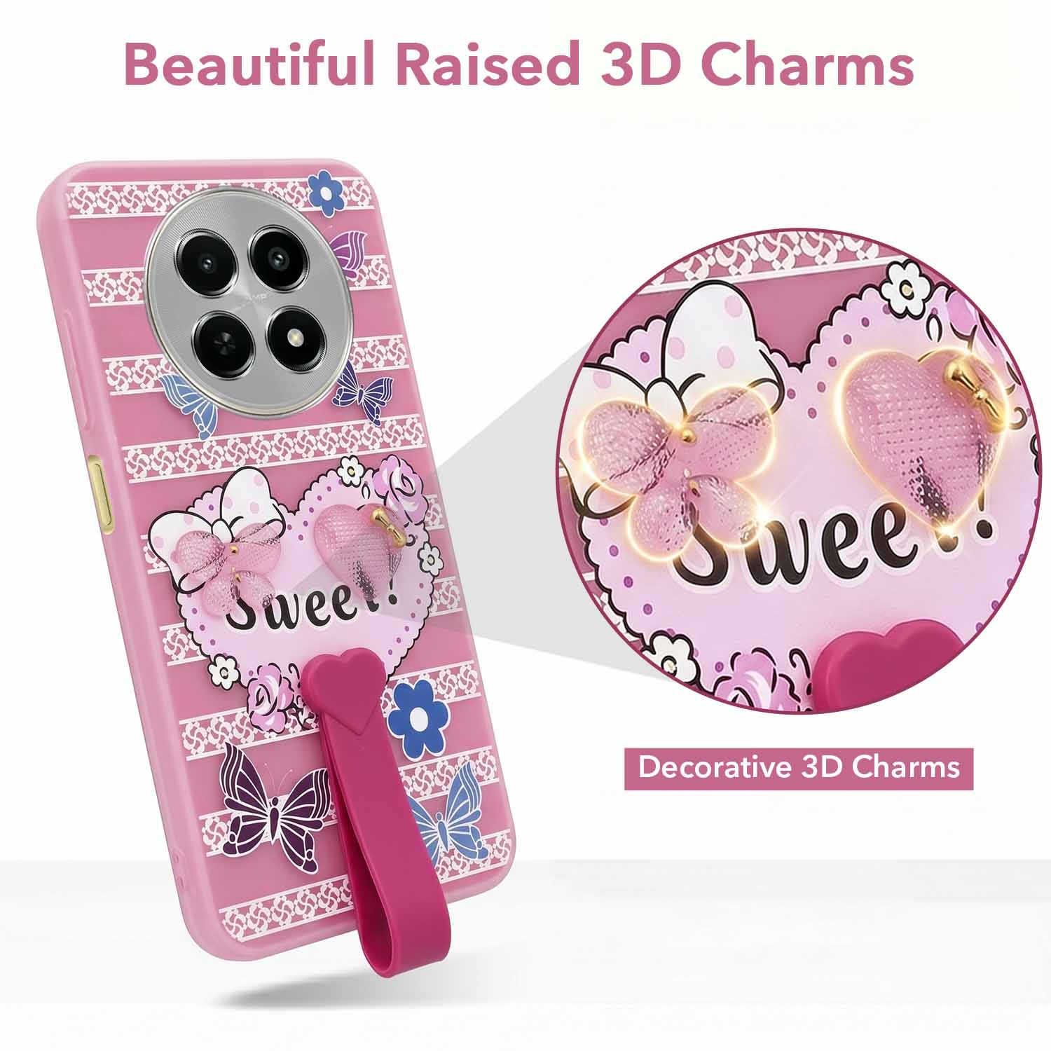 For Realme Narzo N65 5G Back Cover Case (3D Cute Heart Strap Holder | Camera Protection | Designer Girls Print)