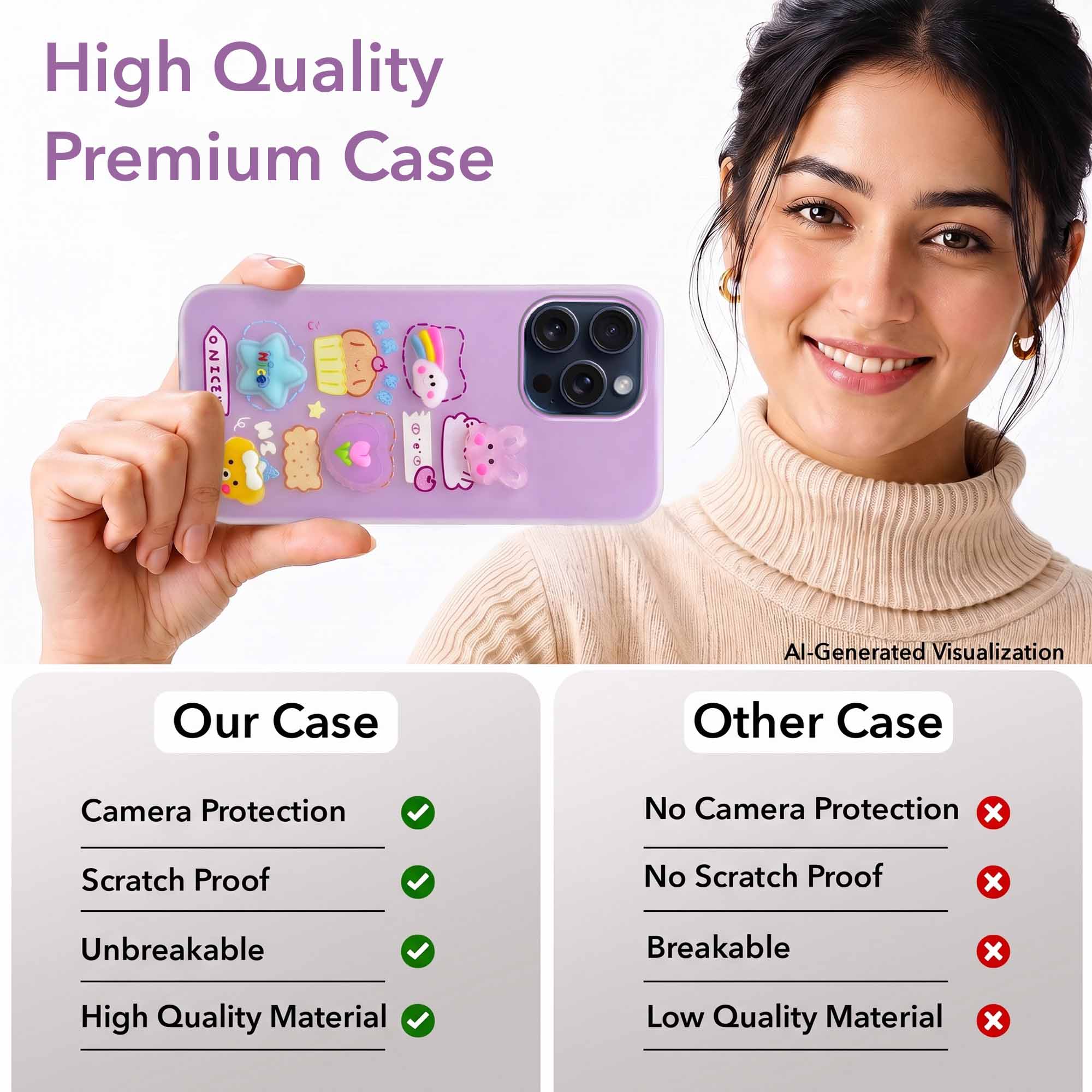 For Apple iPhone 15 Pro Max Back Cover Case (3D Cute Cartoons | Hard Back Side Soft | Matte Premium Finish | HD Printing)