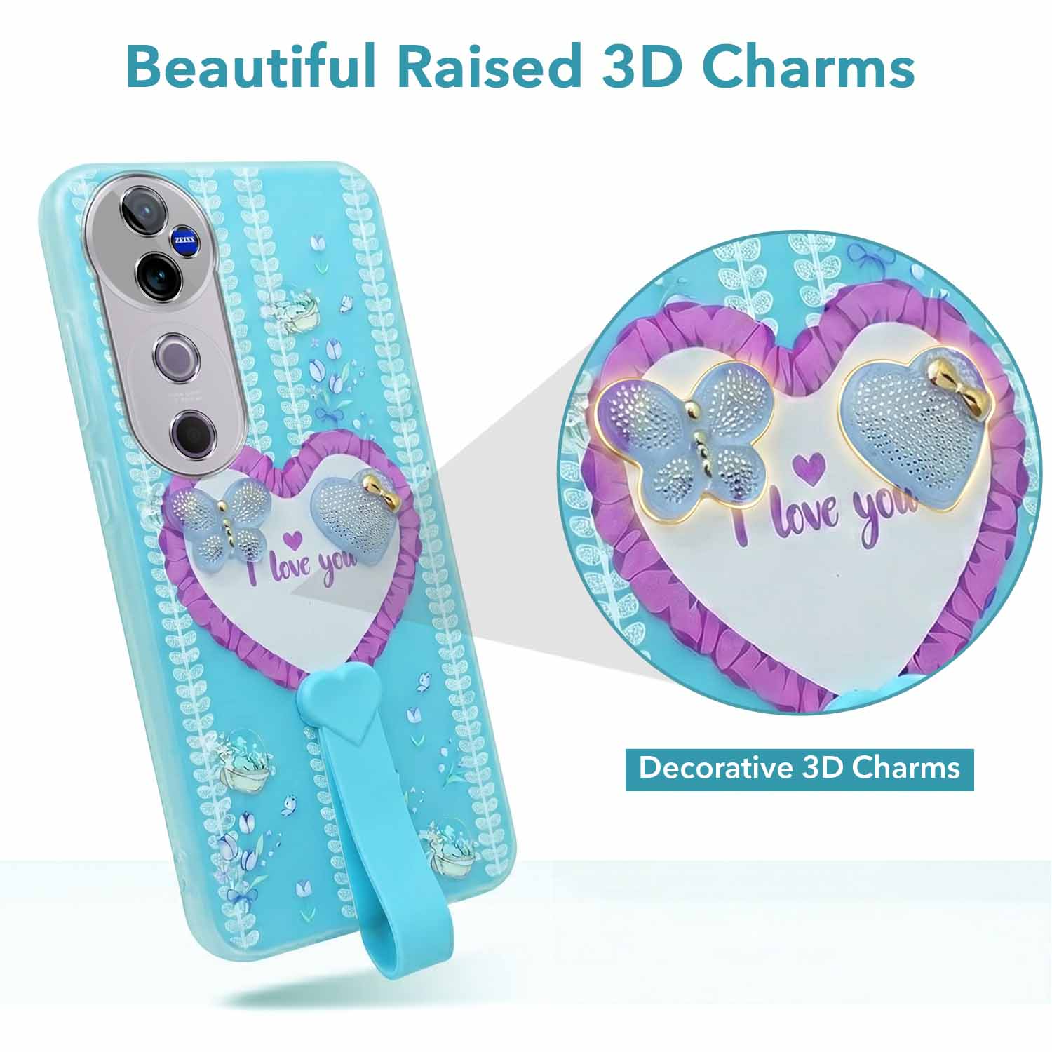 For Vivo V40 | Vivo V40 Pro 5G Back Cover Case (3D Cute Heart Strap Holder | Camera Protection | Designer Girls Print)