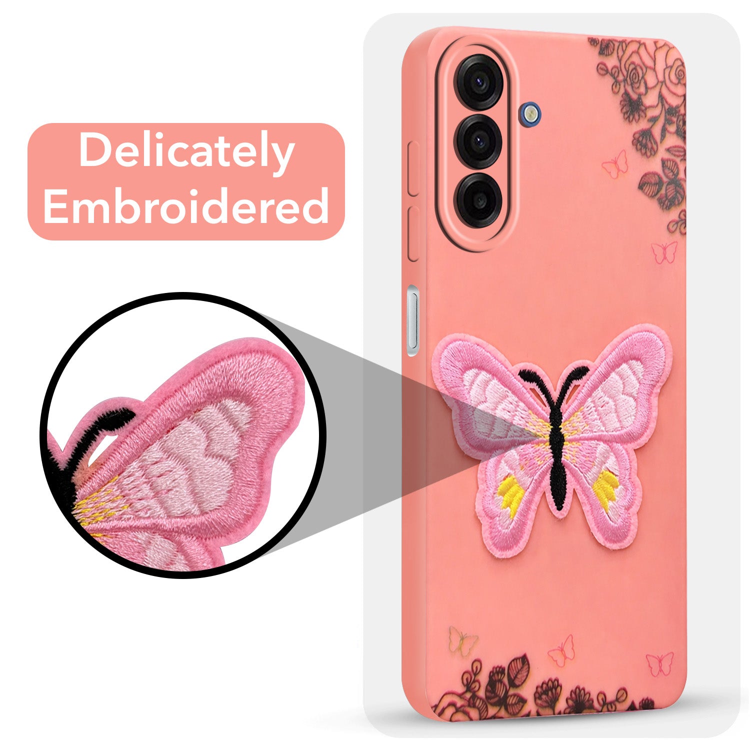 For Samsung Galaxy A17 | Samsung F17 | Samsung M17 5G Back Cover Case (Soft Butterfly Embroidery | Women Teen Girls | Camera Protection| Matte Silicone)
