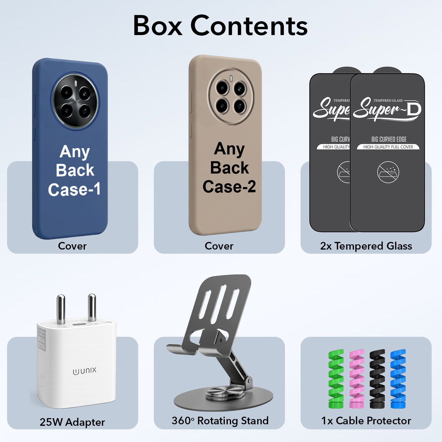 Complete Mobile Care Kit (Get Any 2 Cases+2 Tempered Glass+25W Charger Adapter+Metallic Mobile Stand+Cable Protector)