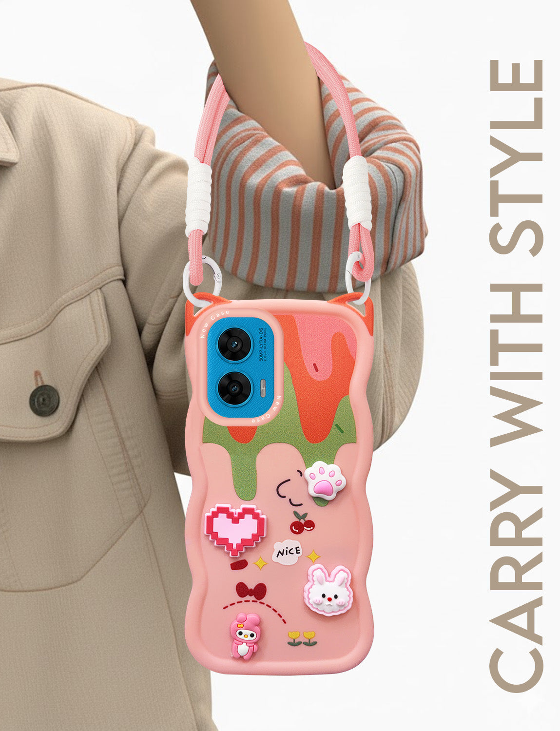 For Motorola Moto G96 Back Case Cover Strap (3D embossed Figures | Strap Holder | 360* Soft Cushion with Camera Bump)