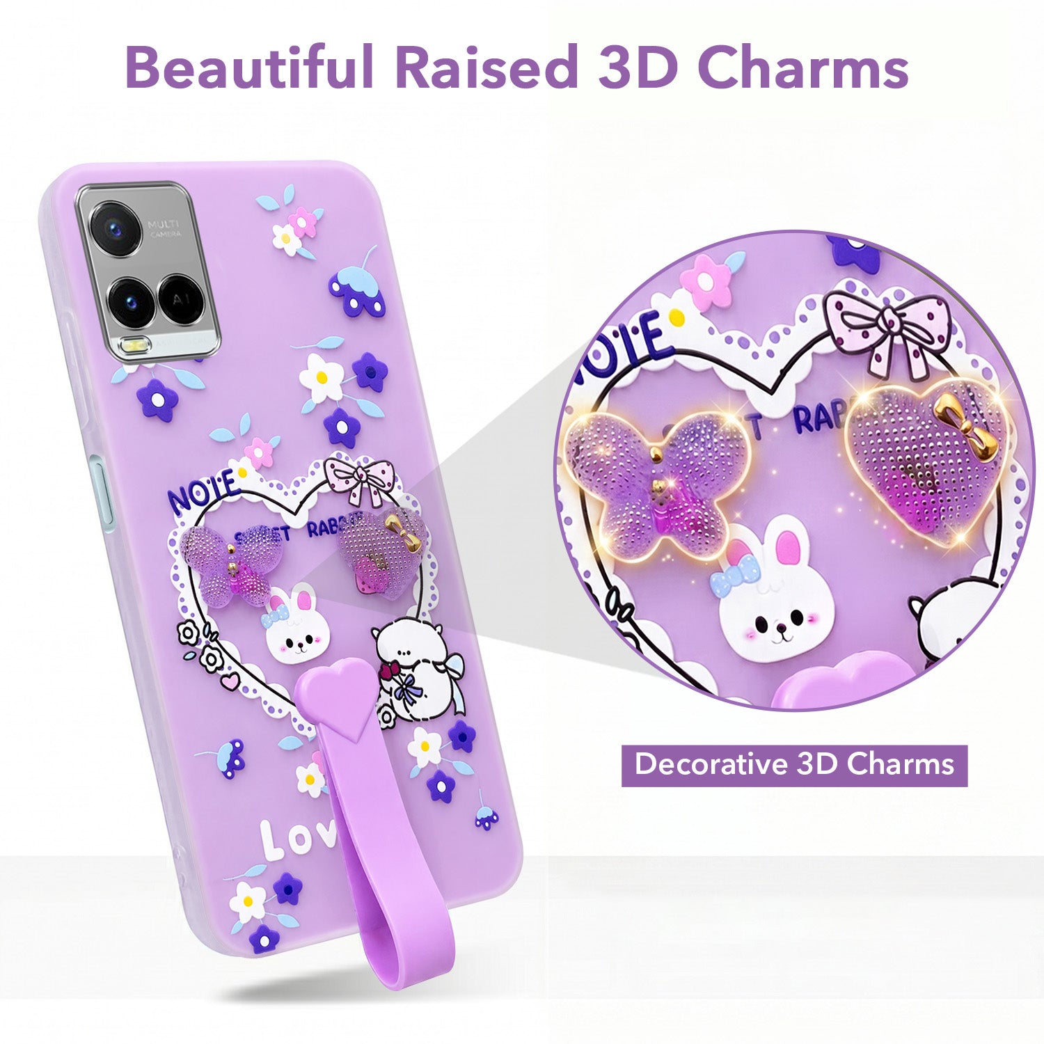 For Vivo Y21e | Vivo Y21A | Vivo Y32 Back Cover Case (3D Cute Heart Strap Holder | Camera Protection | Designer Girls Print)