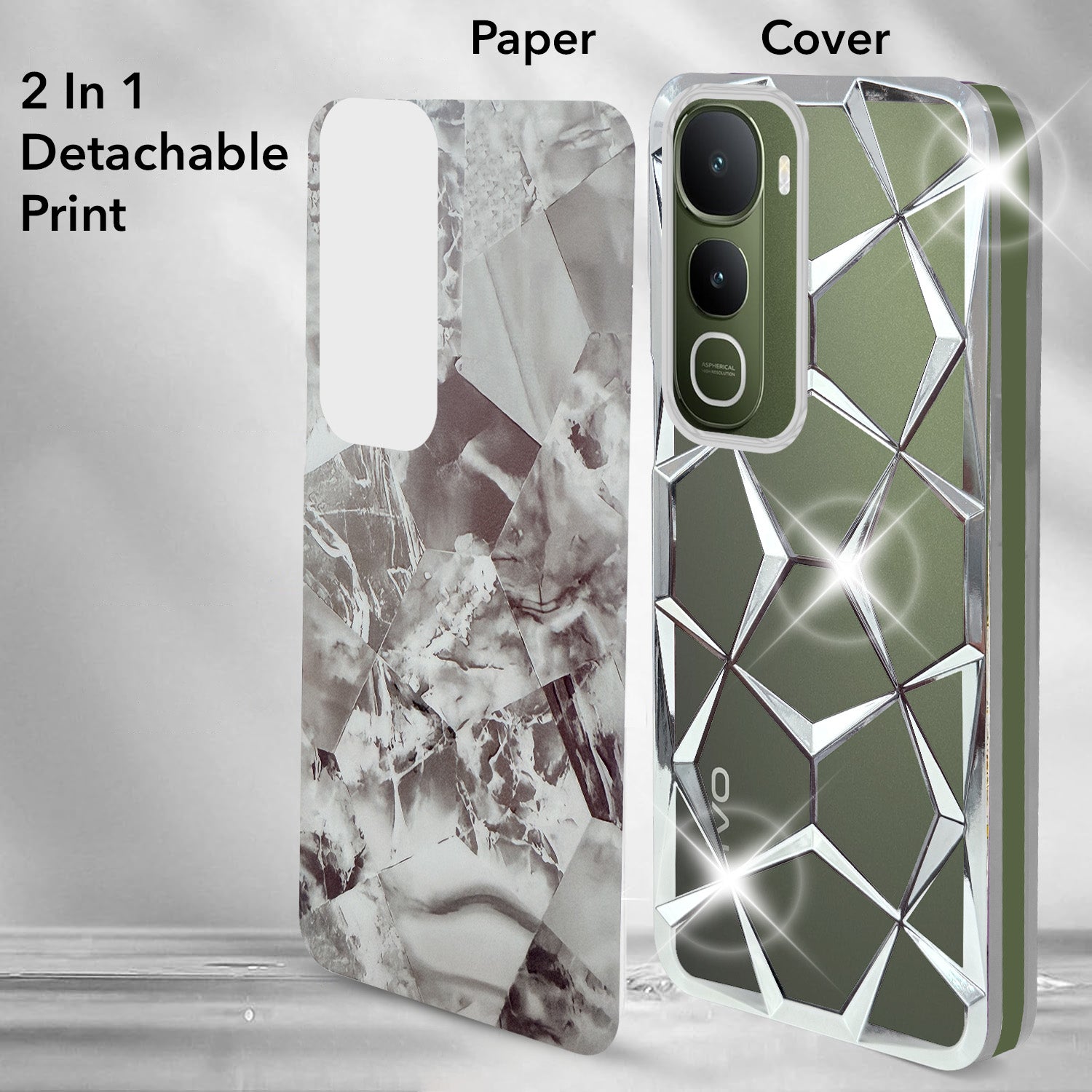 For Vivo Y400 Back Cover Case 3D Silicone Compatible (Dual Design Glitter Sparkle and Detachable Diamond Print Case | Soft and Flexible)