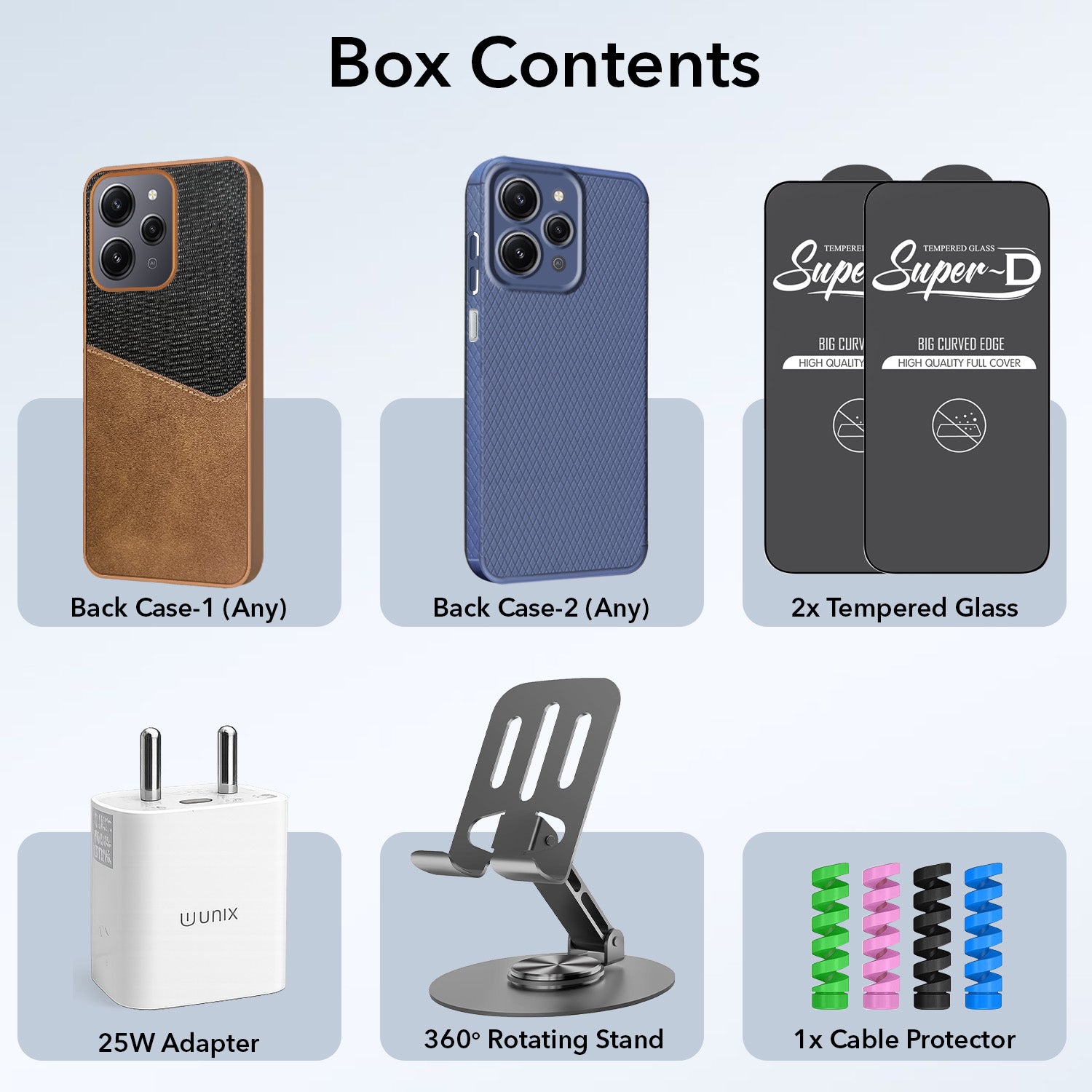 Complete Mobile Care Kit (Get Any 2 Cases+2 Tempered Glass+25W Charger Adapter+Metallic Mobile Stand+Cable Protector)