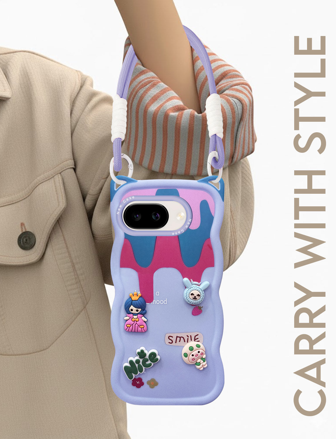 For Google Pixel 9A Back Case Cover Strap (3D Embossed Figures | Strap Holder | 360* Soft Cushion with Camera Bump)