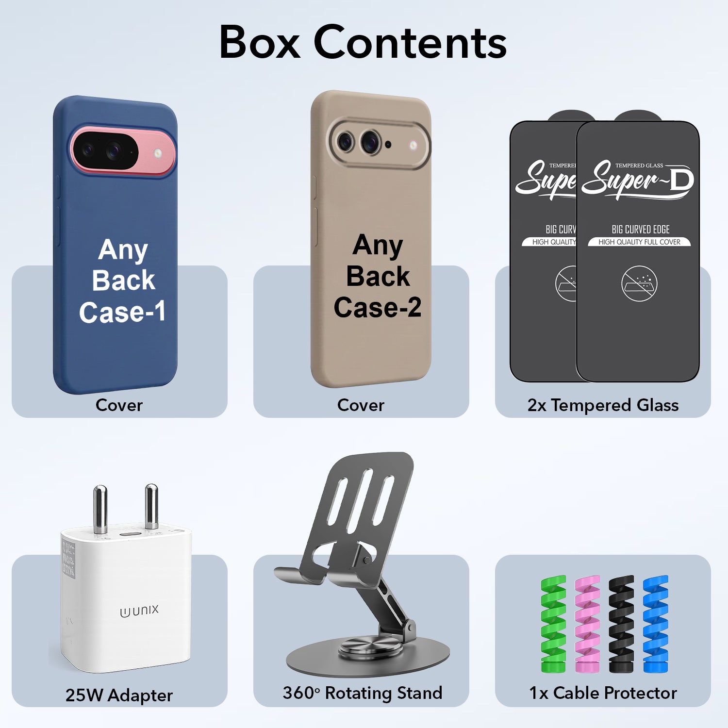 Complete Mobile Care Kit (Get Any 2 Cases+2 Tempered Glass+25W Charger Adapter+Metallic Mobile Stand+Cable Protector)