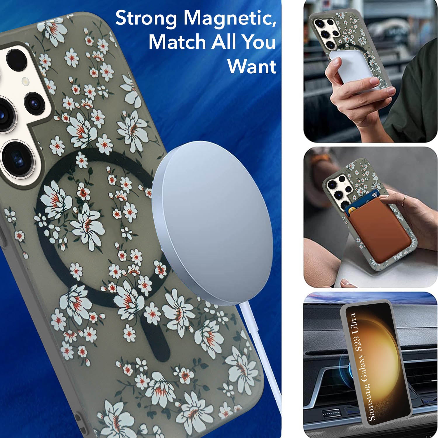 For Samsung Galaxy S23 Ultra Back Cover Case (Cute Floral Design | Flower Print for Girls | MagSafe Compatible Wireless Charging)