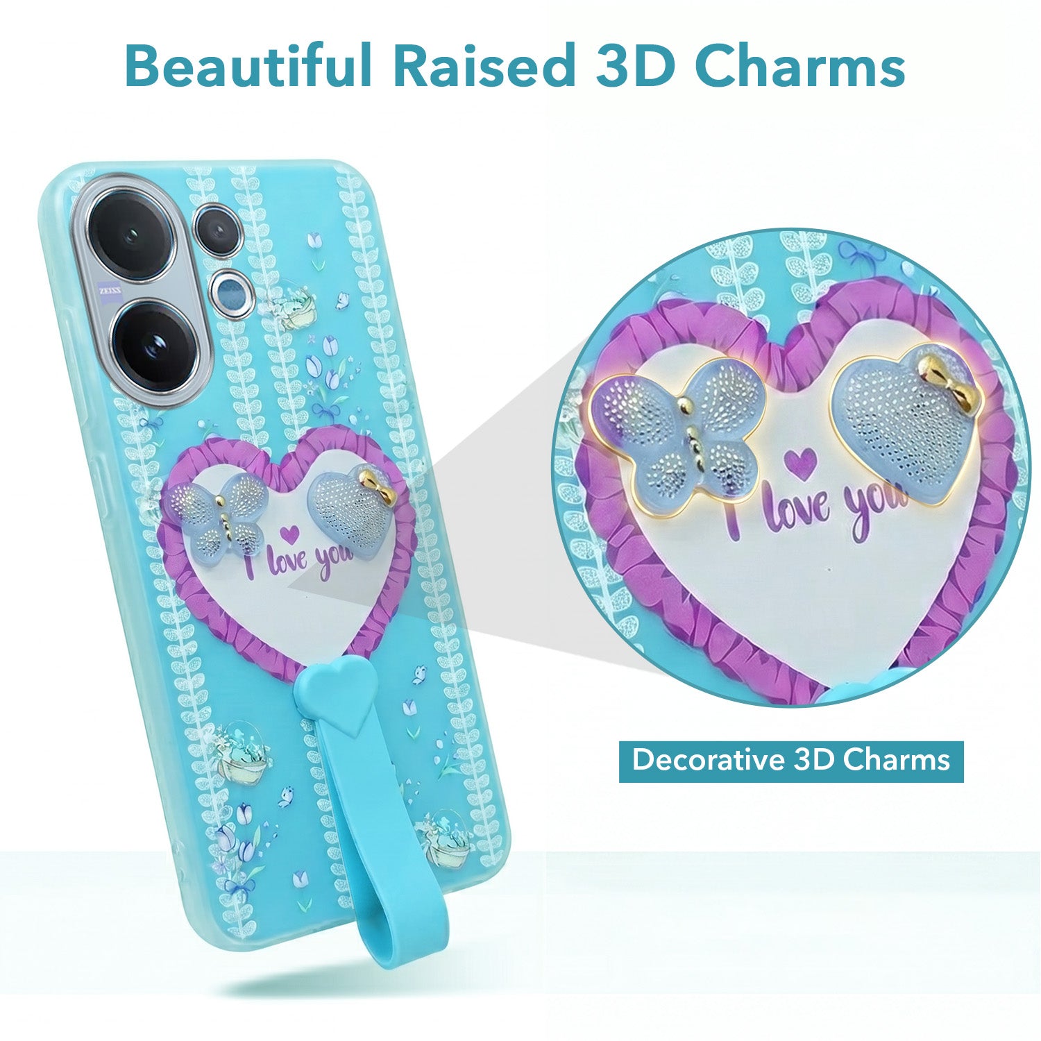 For Vivo V60 | Vivo T4 Pro Back Cover Case (3D Cute Heart Strap Holder | Camera Protection | Designer Girls Print)