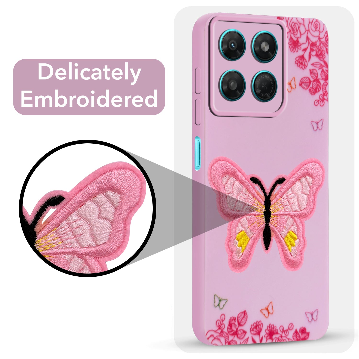For Motorola Moto G37 Back Cover Case (Soft Butterfly Embroidery | Women Teen Girls | Camera Protection| Matte Silicone)