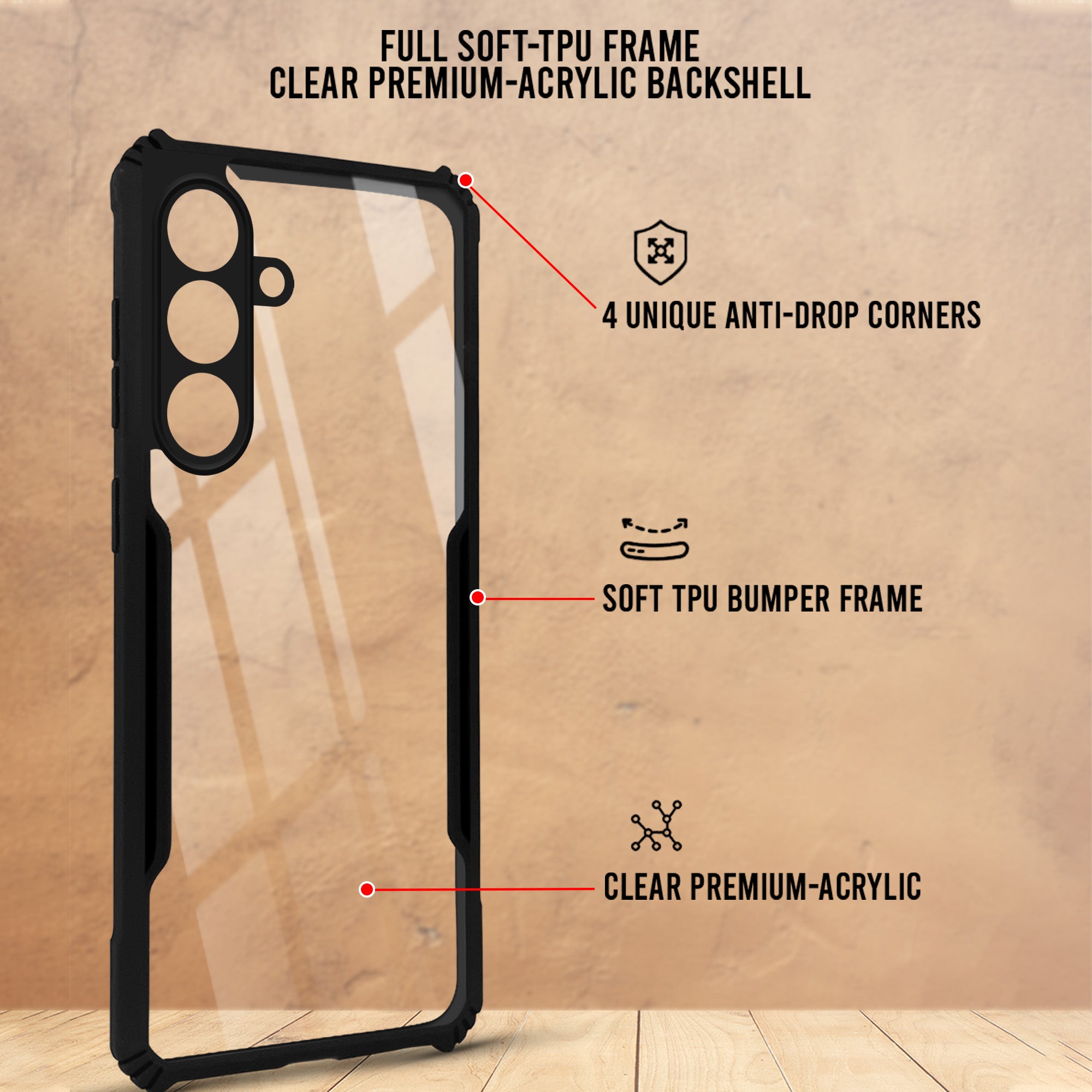 For Samsung Galaxy S25 FE Back Cover Case Hybrid (Shockproof with Polycarbonate Clear Panel | Professional Black)