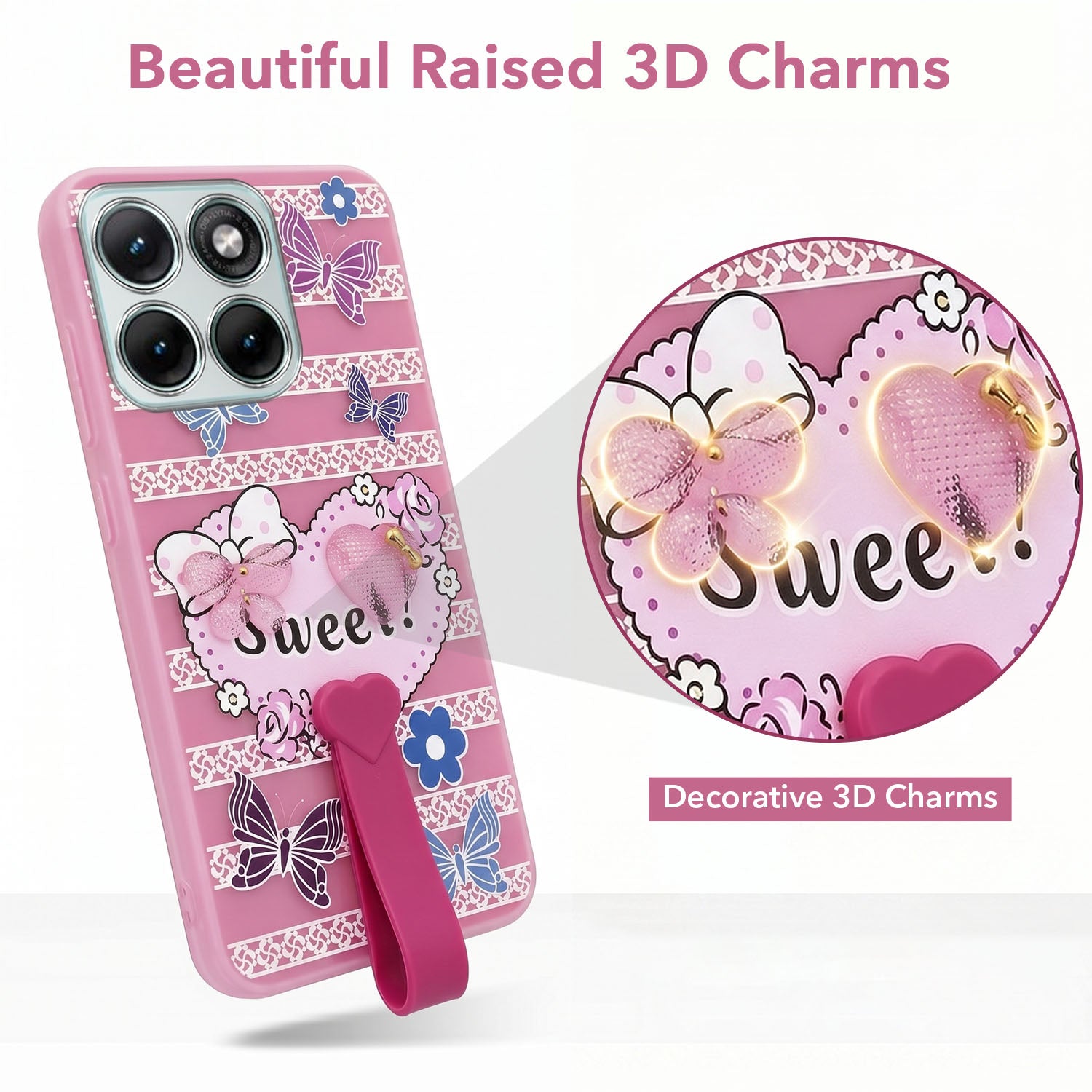 For Motorola Moto Edge 70 Fusion Back Cover Case (3D Cute Heart Strap Holder | Camera Protection | Designer Girls Print)