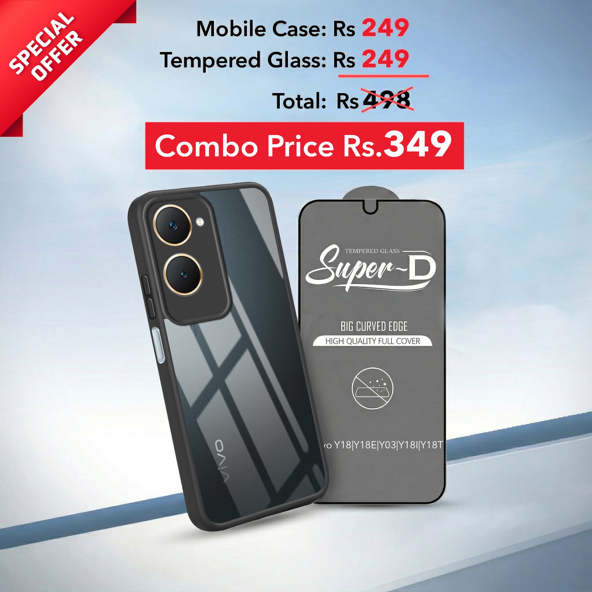 For Vivo Y18 | Y18e | Y03 | Y18i | Y18t Combo with Back Cover and 9H Tempered Glass ( Lifetime Anti-Yellow | Crystal Clear Shockproof | Oleophobic Coating Screen Glass)