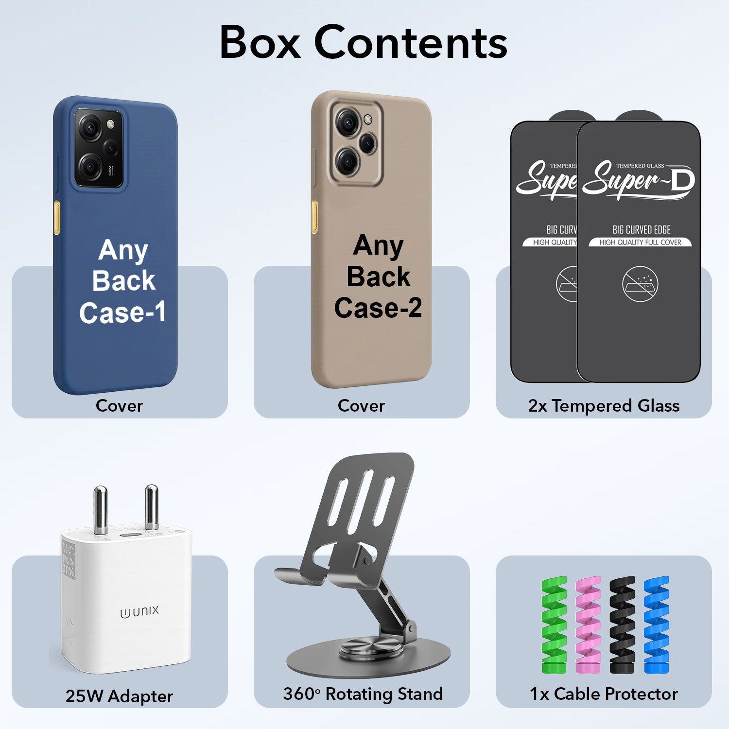 Complete Mobile Care Kit (Get Any 2 Cases+2 Tempered Glass+25W Charger Adapter+Metallic Mobile Stand+Cable Protector)