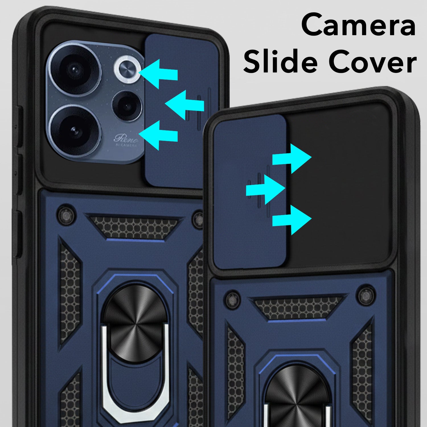 For Oppo Reno 15c Back Cover Case Hybrid Armor (Sliding Shutter Camera Protection | Polycarbonate |Ring Holder Kickstand)