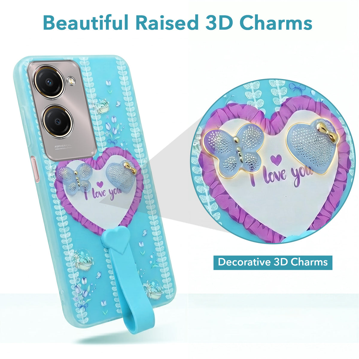 For Vivo Y28s 5G | Vivo T3 Lite 5G Back Cover Case (3D Cute Heart Strap Holder | Camera Protection | Designer Girls Print)