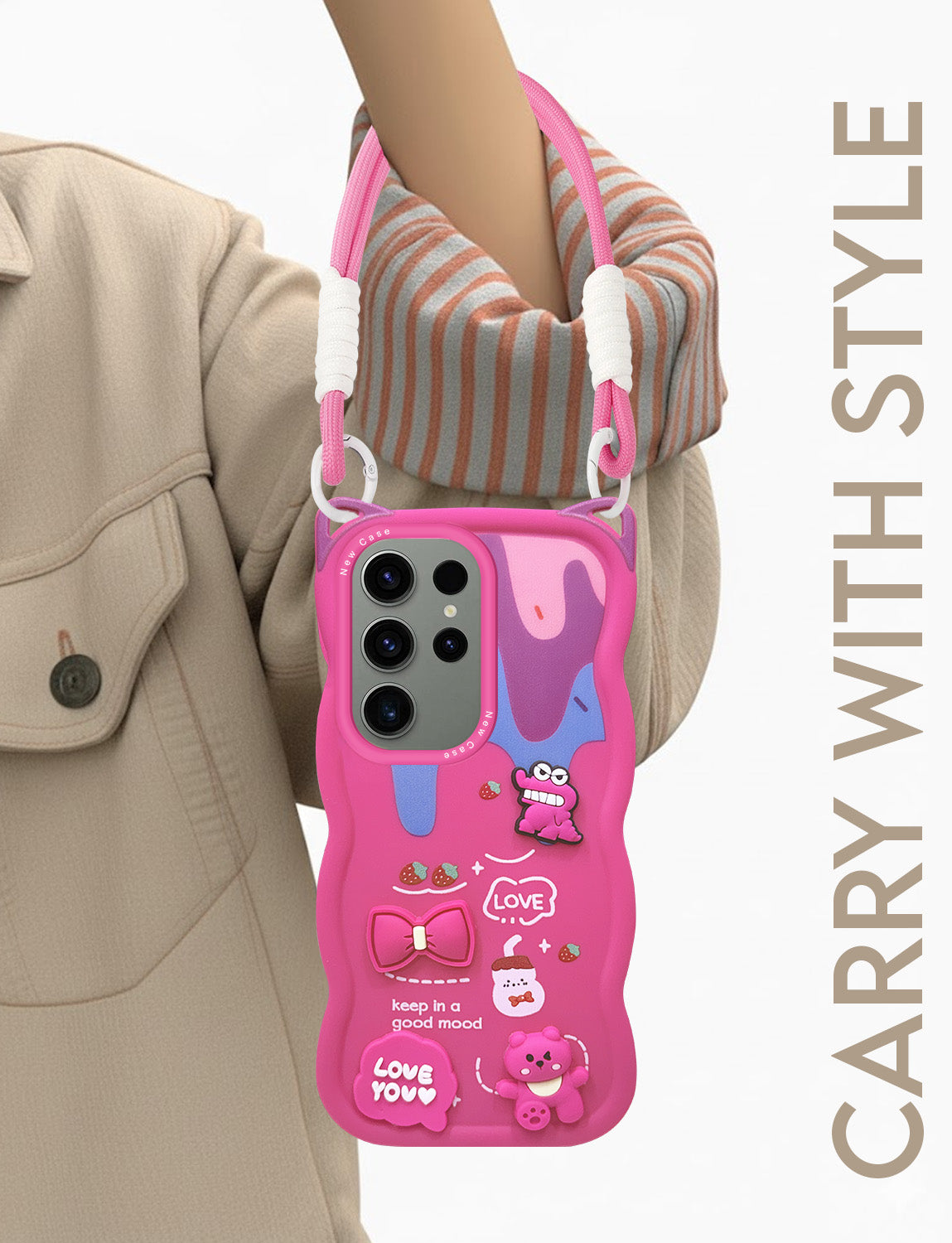 For Samsung Galaxy S23 Ultra Back Case Cover Strap (3D embossed Figures | Strap Holder | 360* Soft Cushion with Camera Bump)