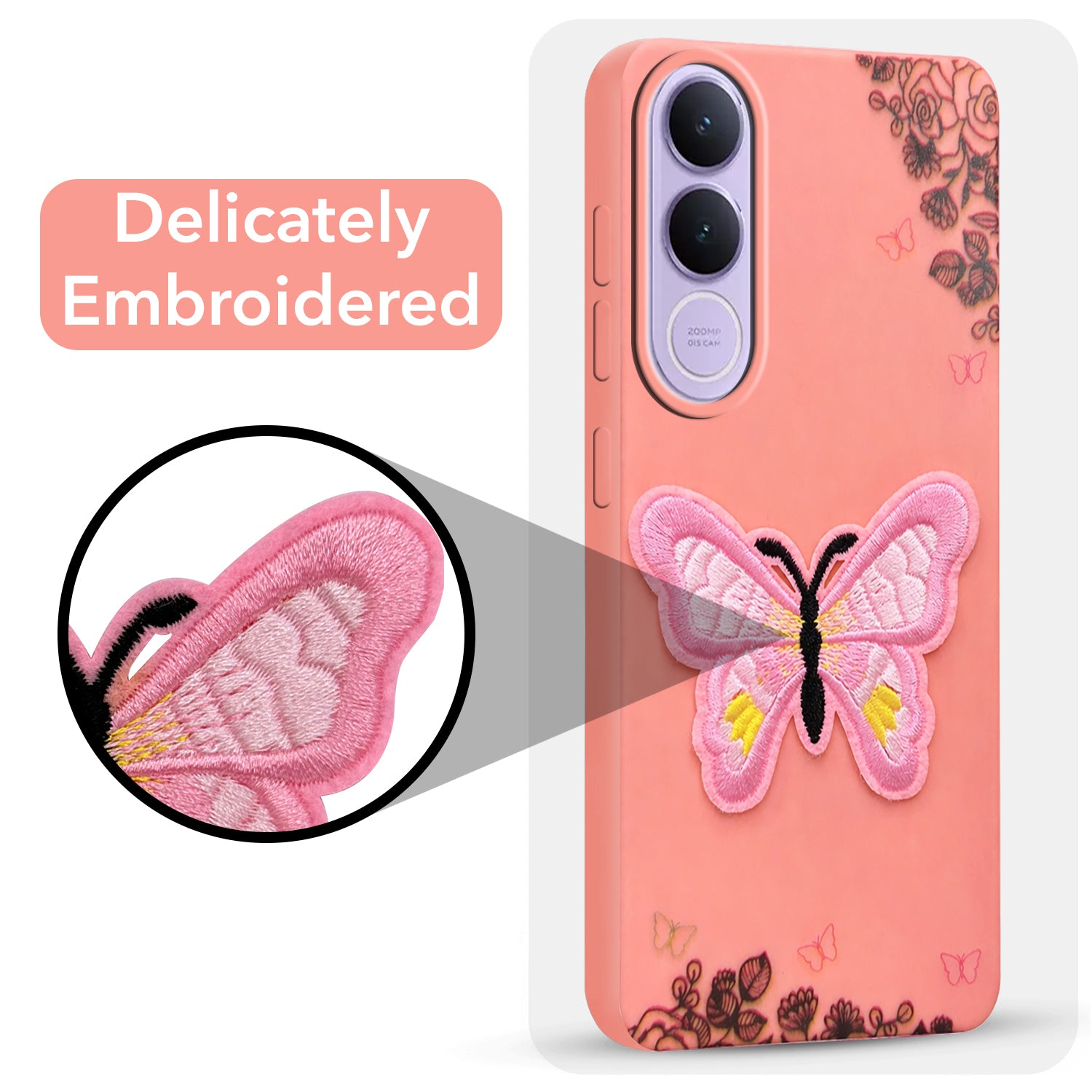 For Vivo V70 FE 5G Back Cover Case (Soft Butterfly Embroidery | Women Teen Girls | Camera Protection| Matte Silicone)