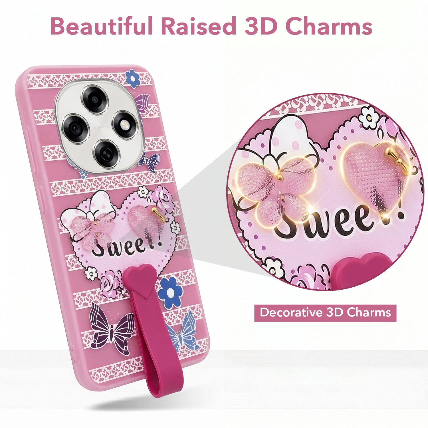 For Oppo F31 Pro Back Cover Case (3D Cute Heart Strap Holder | Camera Protection | Designer Girls Print)