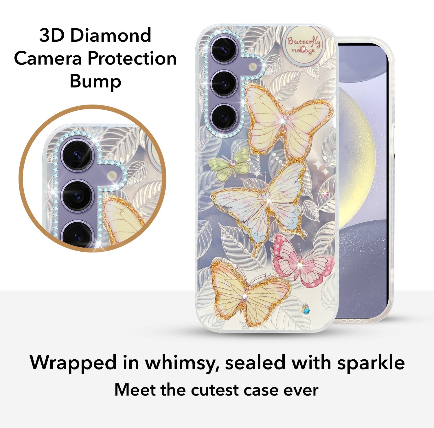 For Samsung Galaxy S24 Back Cover Case (Luxury Floral Glitter Cute Butterfly | Diamond Studded Camera Bump | Girls & Women Design)