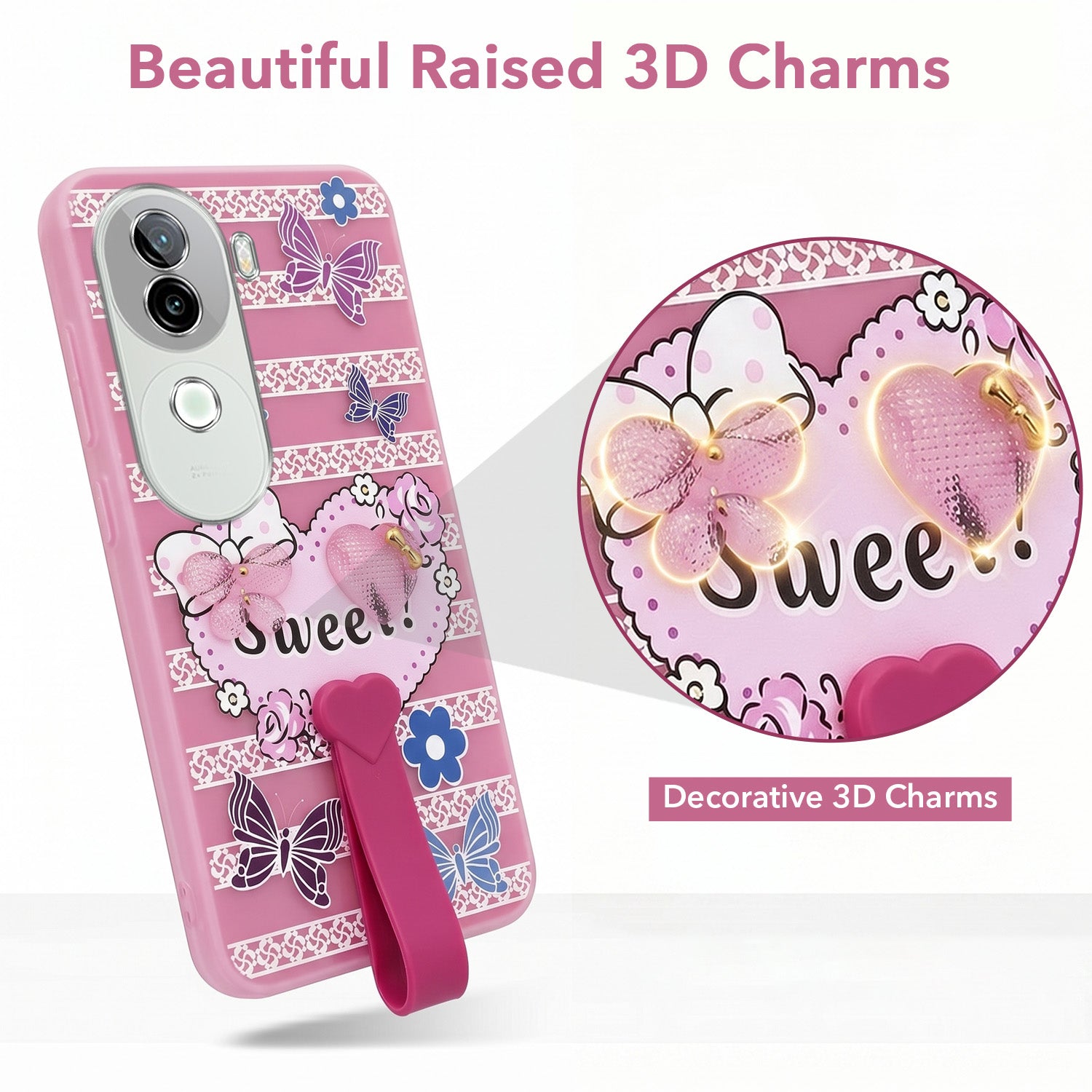 For Vivo iQOO Z9s Back Cover Case (3D Cute Heart Strap Holder | Camera Protection | Designer Girls Print)