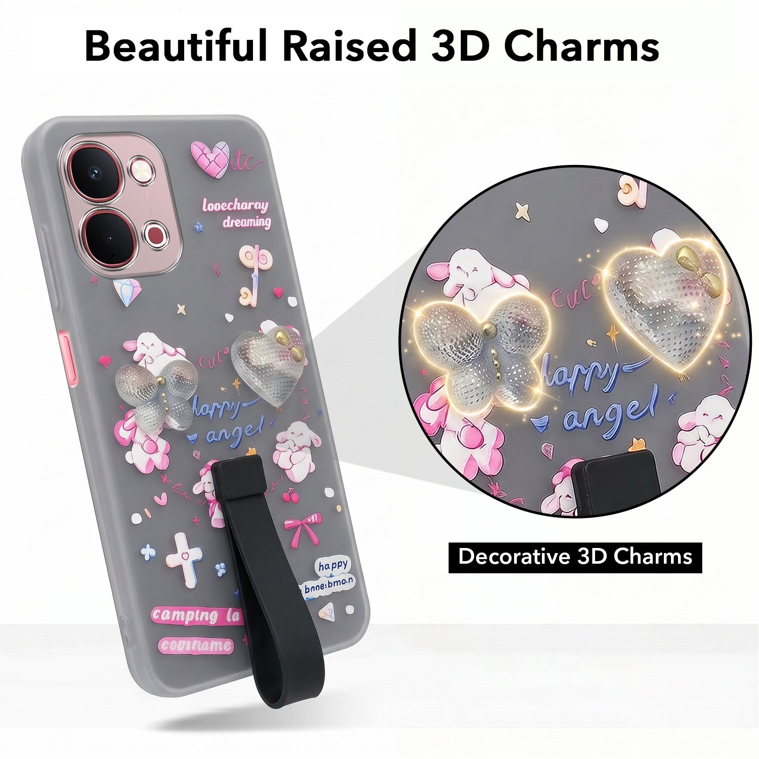 For Vivo Y51 Pro 5G | Vivo T5x Back Cover Case (3D Cute Heart Strap Holder | Camera Protection | Designer Girls Print)