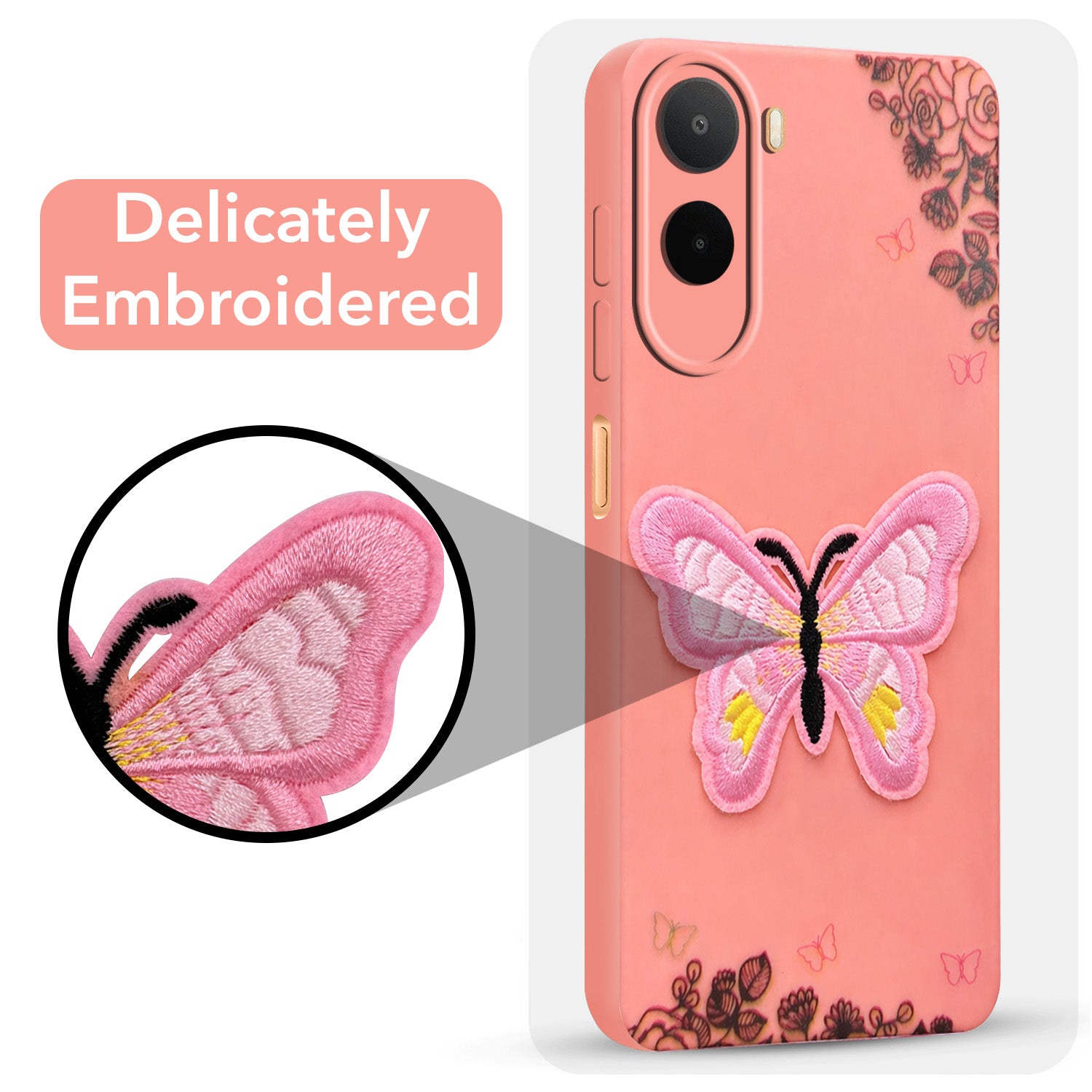 For Redmi A7 Pro 5G Back Cover Case (Soft Butterfly Embroidery | Women Teen Girls | Camera Protection| Matte Silicone)