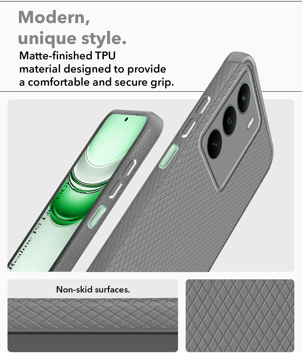 For Realme P3 Lite Back Cover Case (Camera Protection | Side Grip Texture | Soft and Flexible)