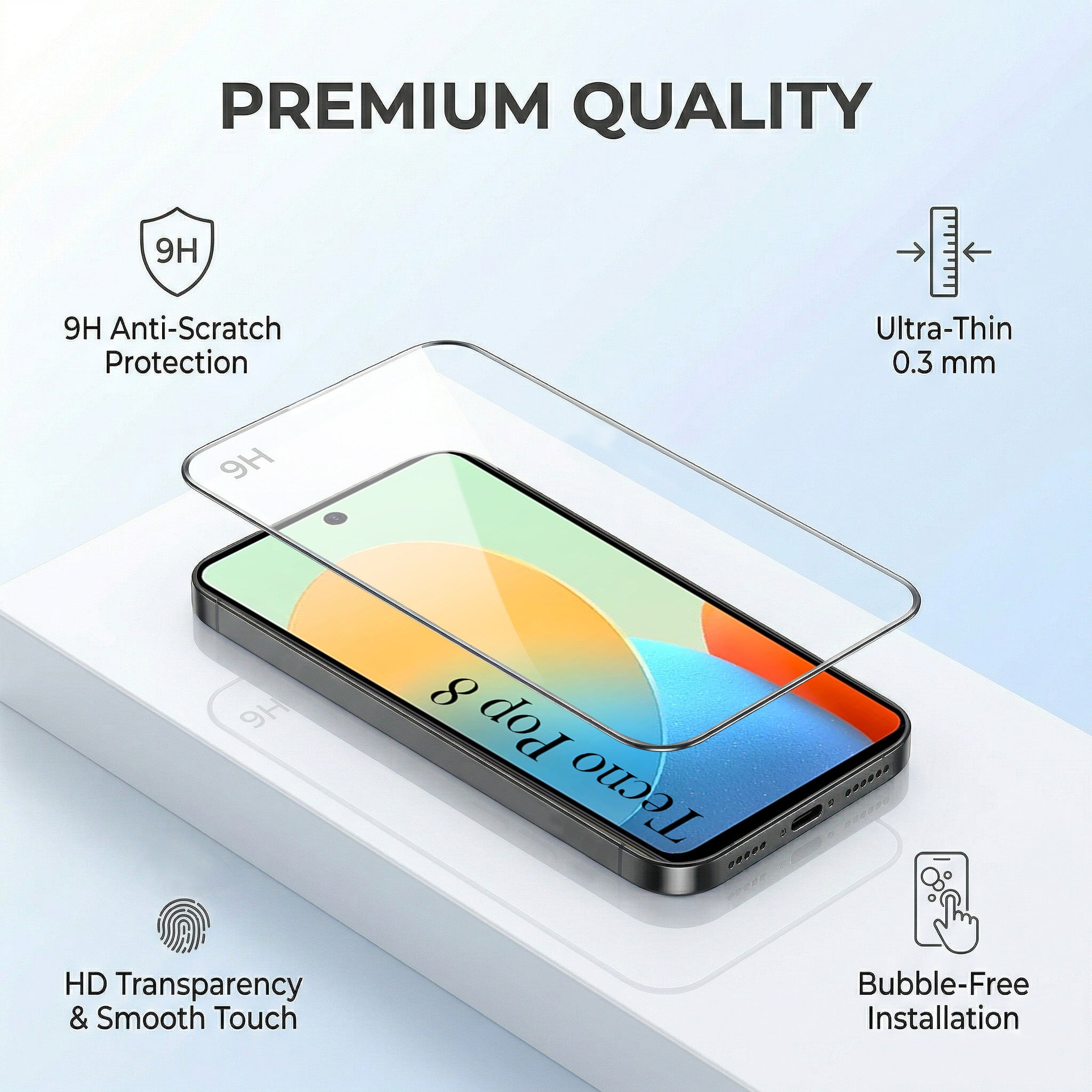 For Tecno Pop 8 Combo with Back Cover and 9H Tempered Glass (Liquid Silicone | Camera Protection | Oleophobic Coating Screen Glass)