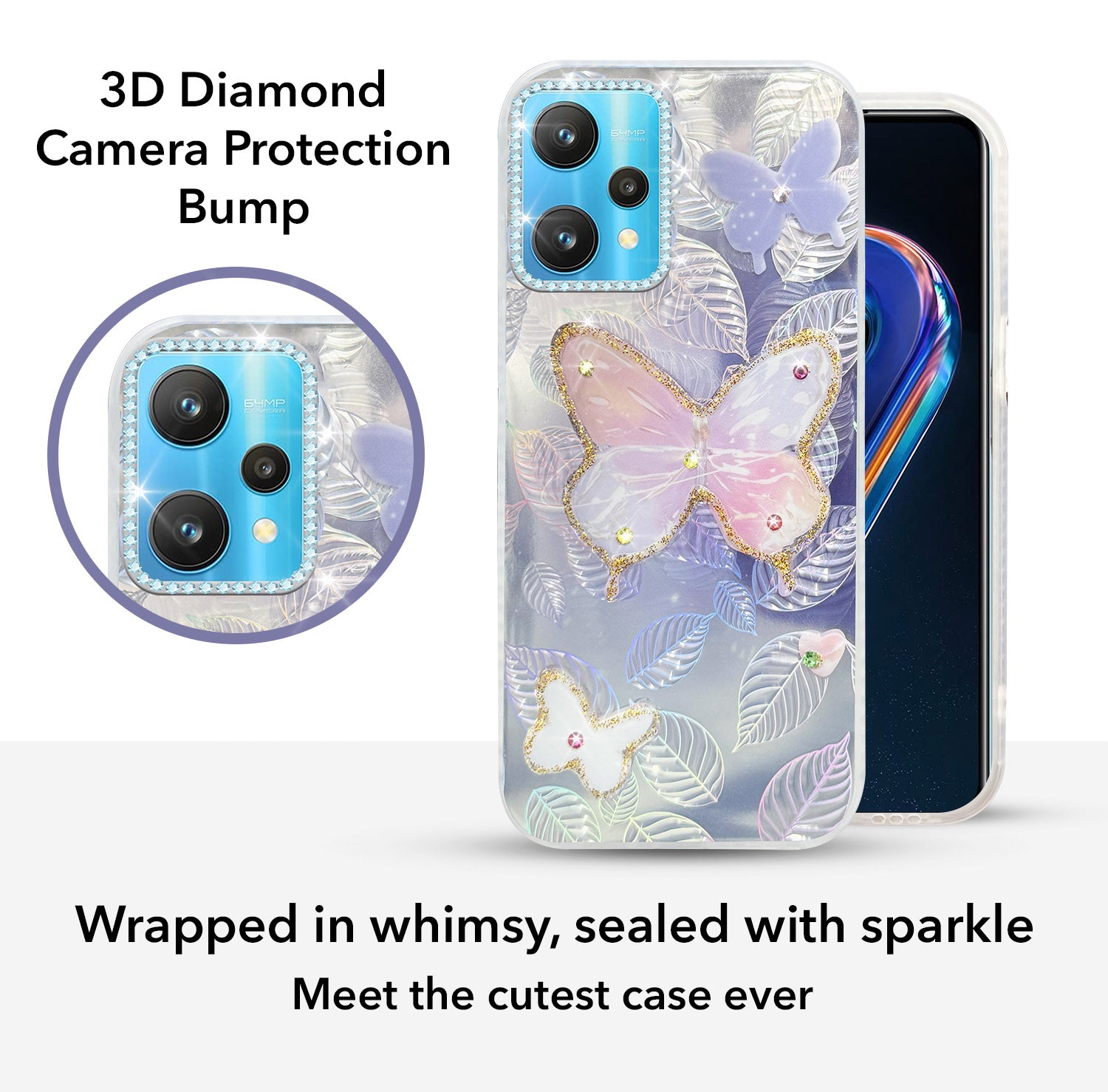 For Realme 9 Pro Back Cover Case (Luxury Floral Glitter Cute Butterfly | Diamond Studded Camera Bump | Girls & Women Design)