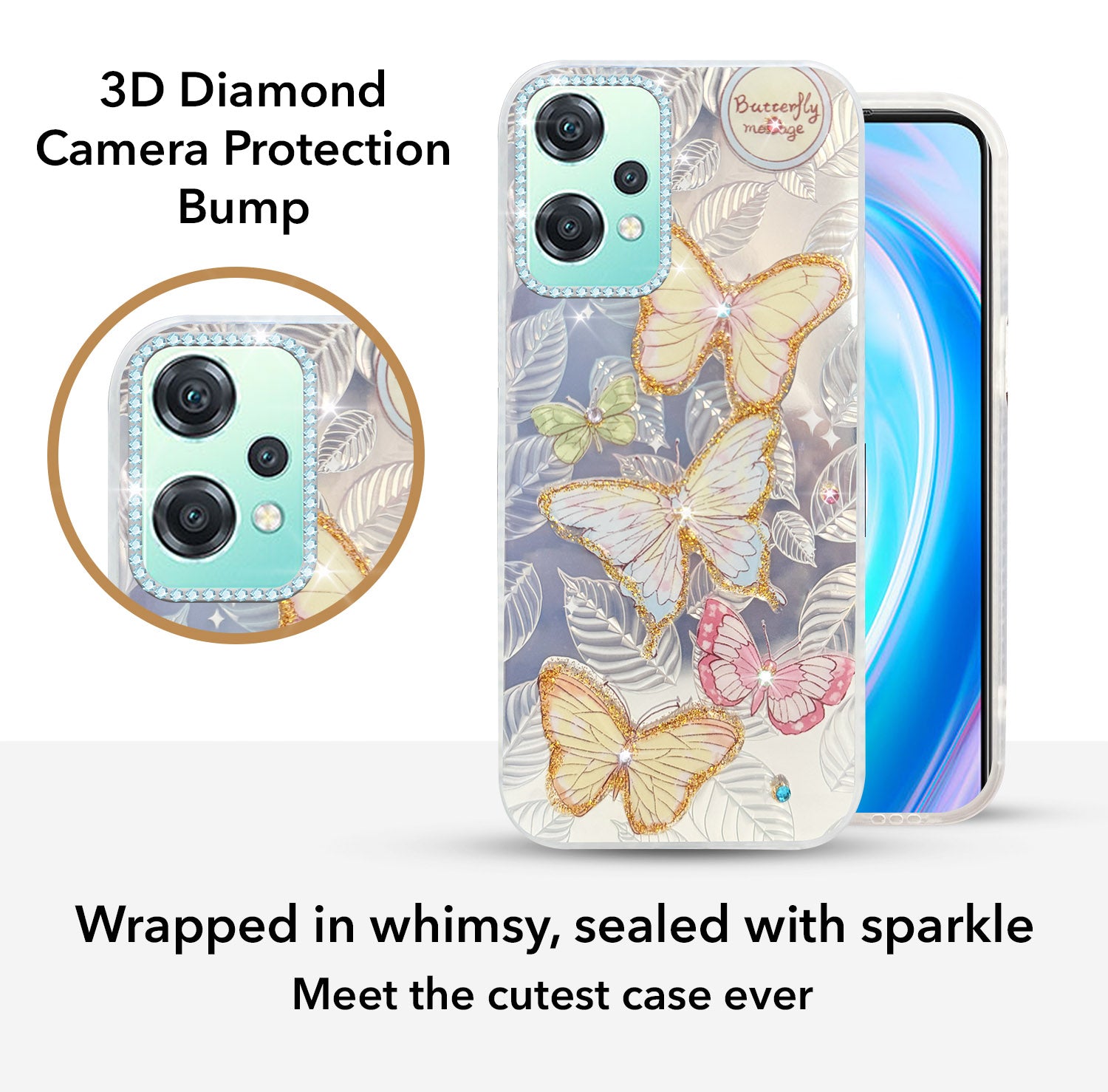For OnePlus Nord CE 2 Lite Back Cover Case (Luxury Floral Glitter Cute Butterfly | Diamond Studded Camera Bump | Girls & Women Design)