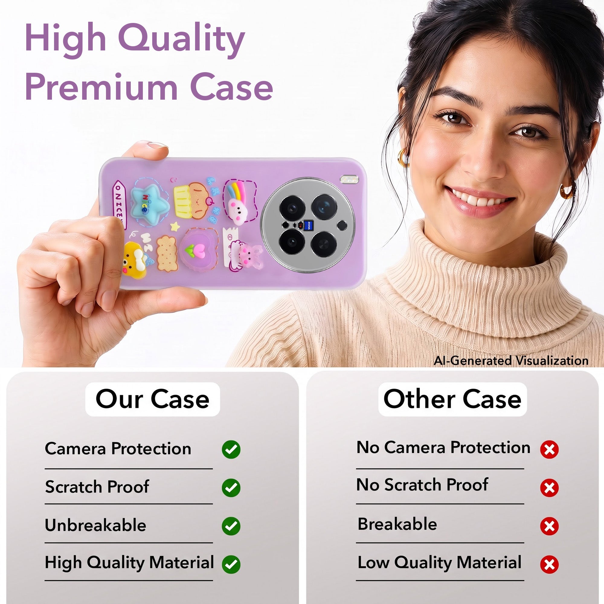 For Vivo X300 Pro Back Cover Case (3D Cute Cartoons | Hard Back Side Soft | Matte Premium Finish | HD Printing)