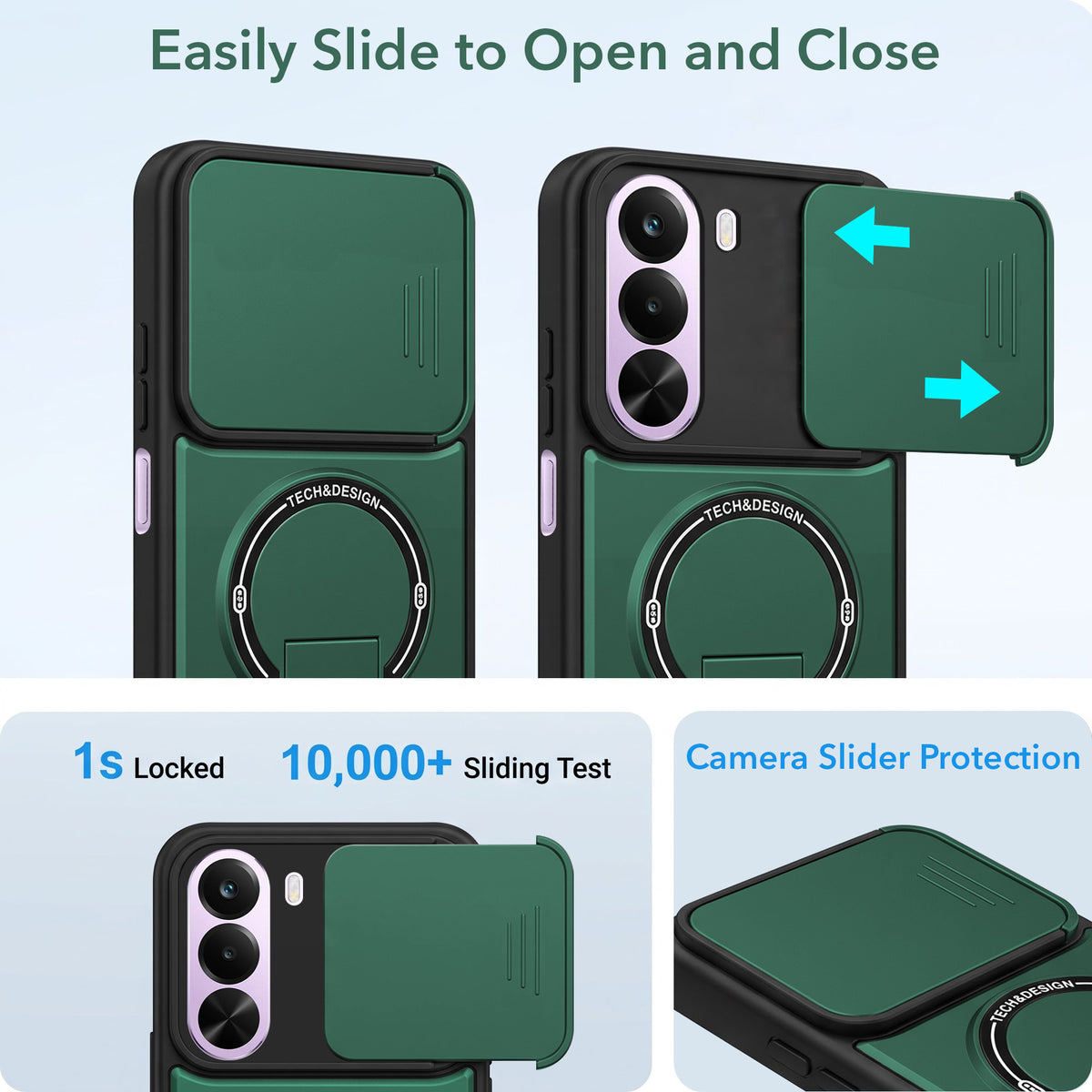 For Realme P4x Back Case Cover Metallic (Hybrid Armor Kickstand | Sliding Shutter Camera Protection | MagSafe Compatible)