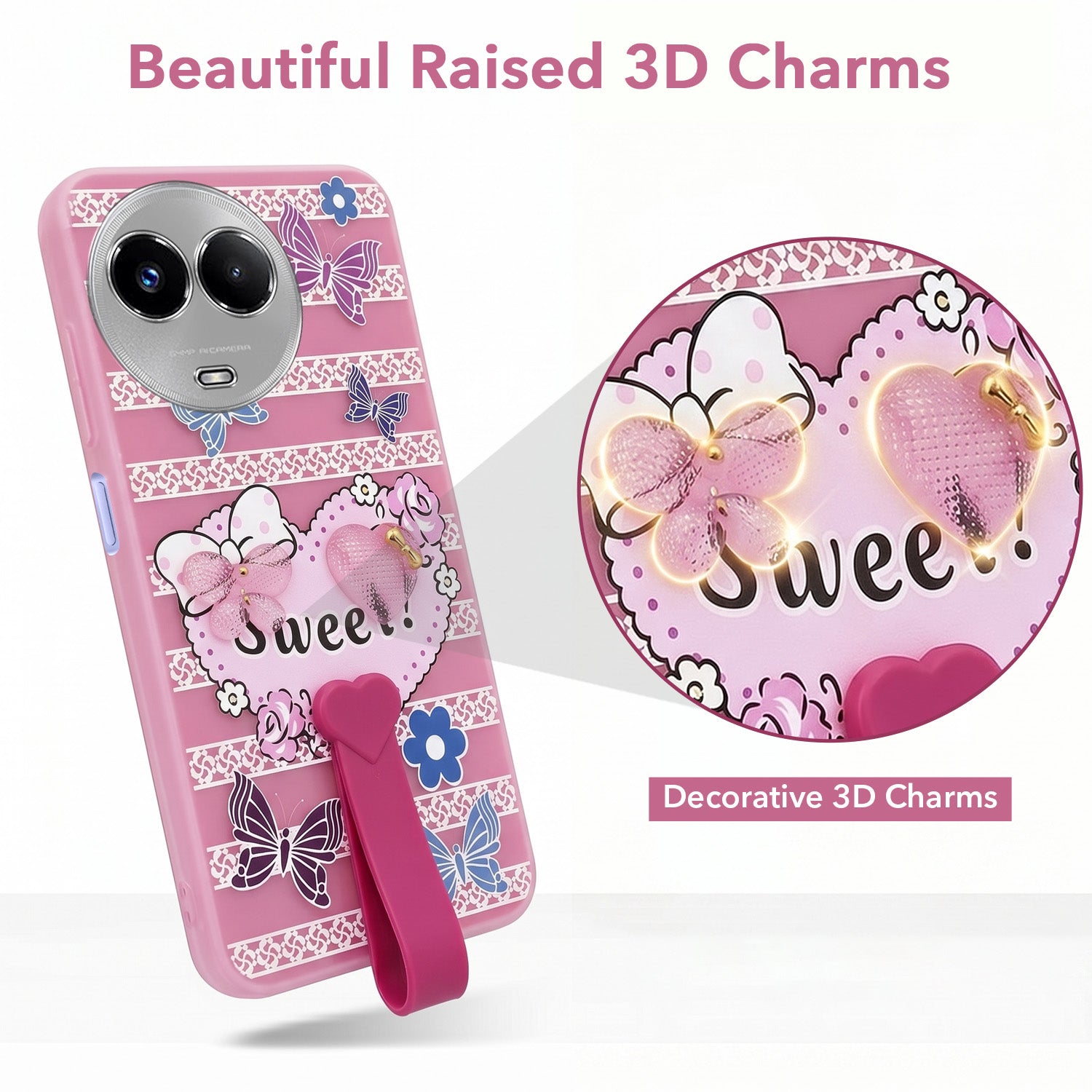 For Realme Narzo 60x Back Cover Case (3D Cute Heart Strap Holder | Camera Protection | Designer Girls Print)