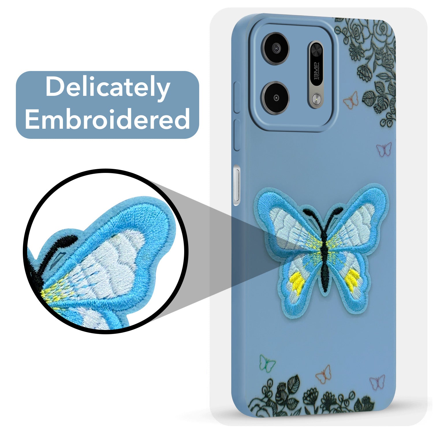 For Lava Virat V1 5G Back Cover Case (Soft Butterfly Embroidery | Women Teen Girls | Camera Protection| Matte Silicone)
