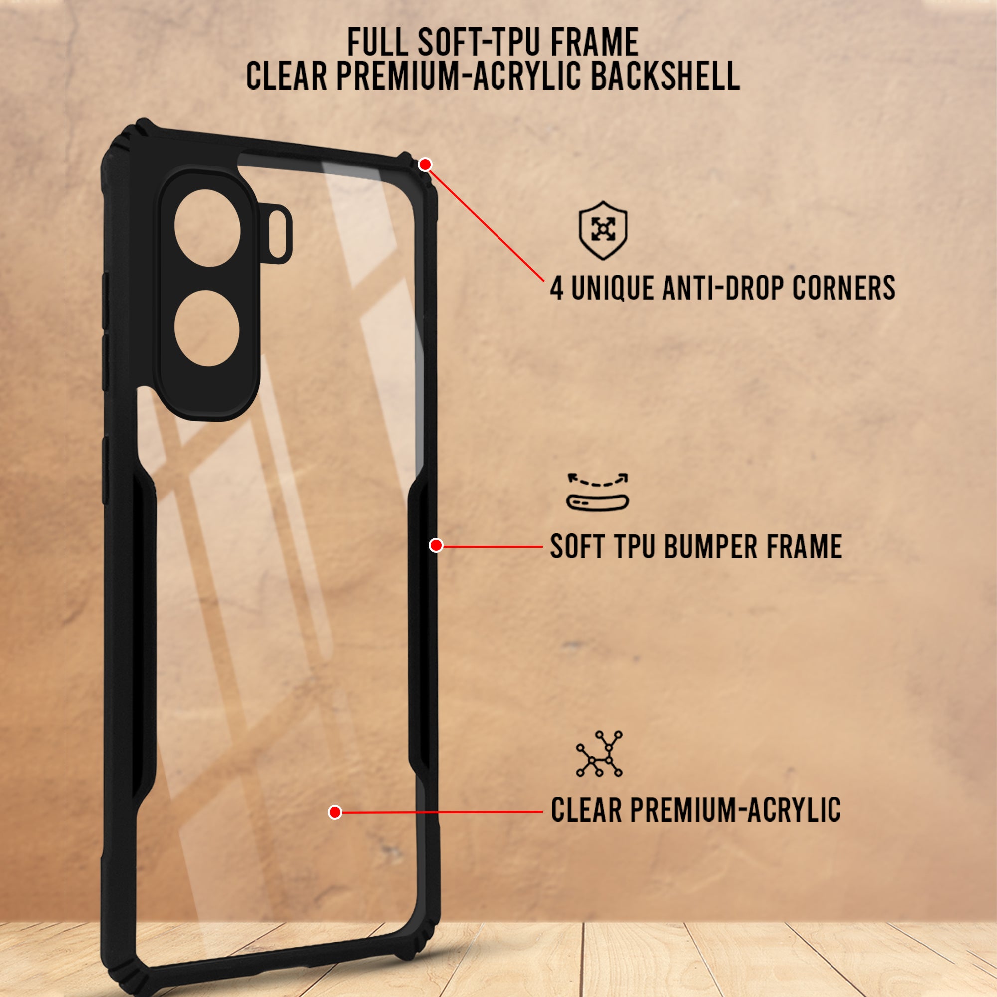 For Vivo T5 Pro 5G Back Cover Case Hybrid (Shockproof with Polycarbonate Clear Panel | Professional Black)