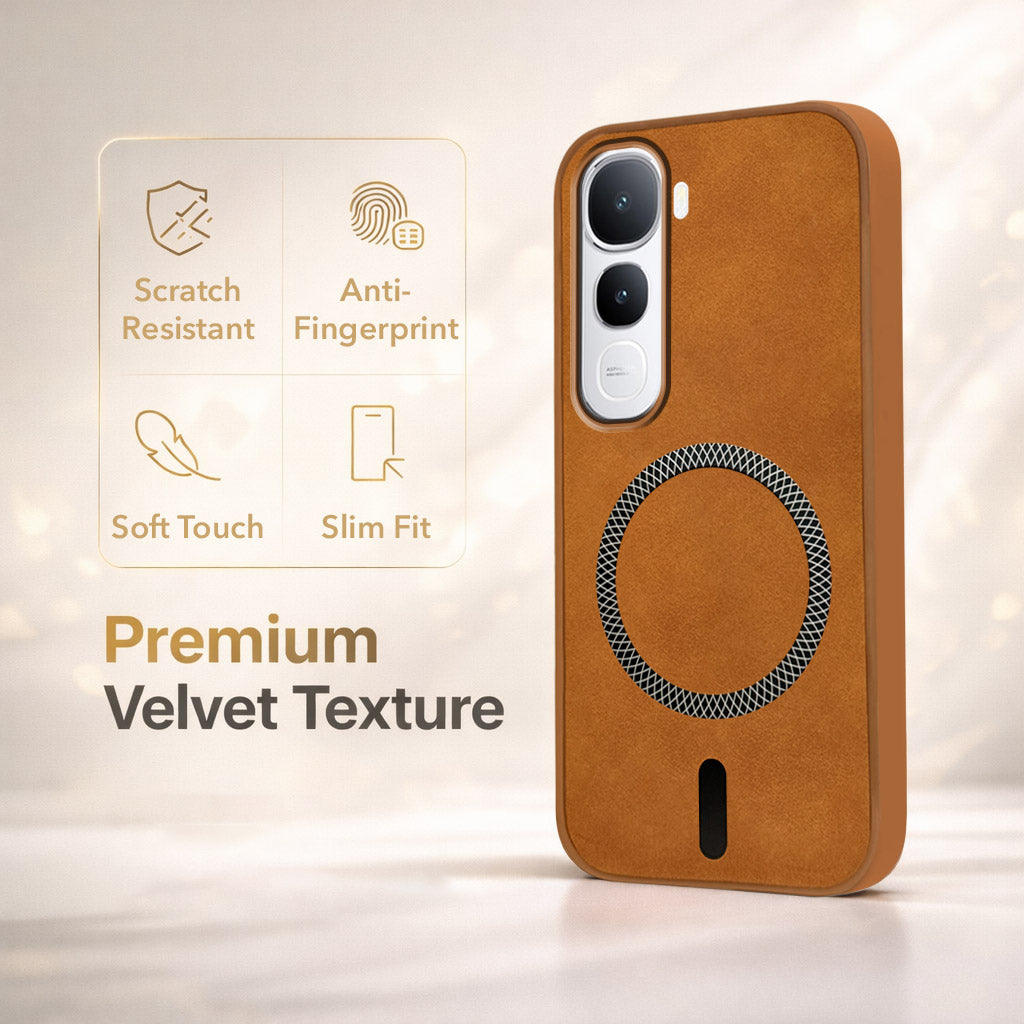 For Vivo Y400 Back Cover Case Leather Finish (MagSafe Compatible Wireless Charging | Soft Touch | Camera Bump Protection)